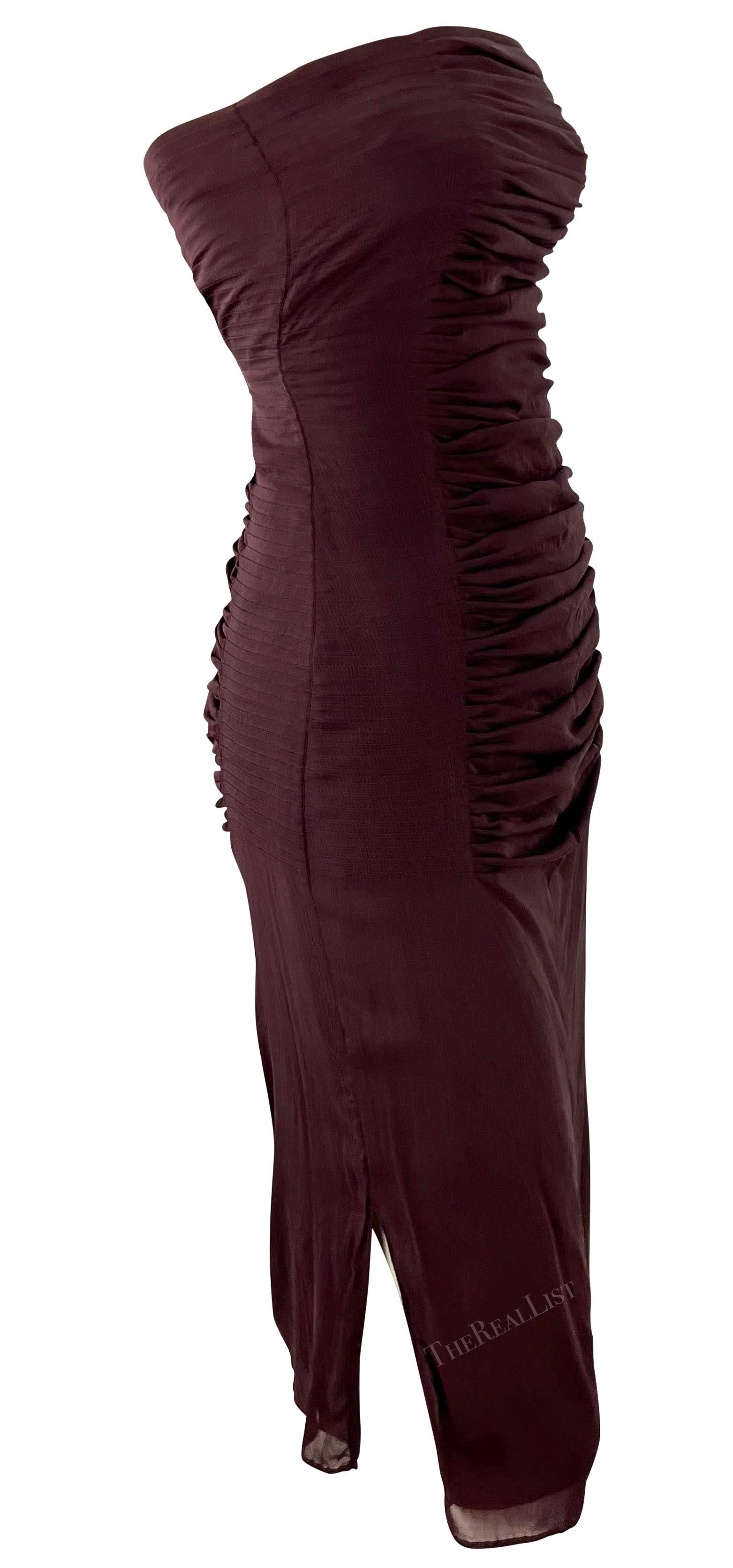 S/S 2001 Yves Saint Laurent by Tom Ford Sheer Maroon Pleat Strapless Mini Dress For Sale 2
