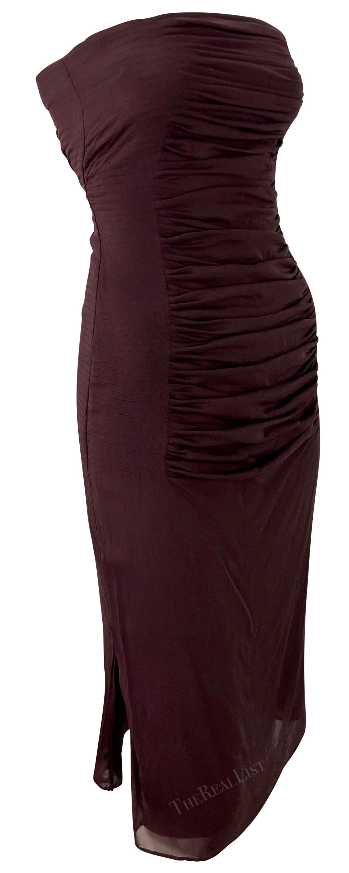 S/S 2001 Yves Saint Laurent by Tom Ford Sheer Maroon Pleat Strapless Mini Dress For Sale 3