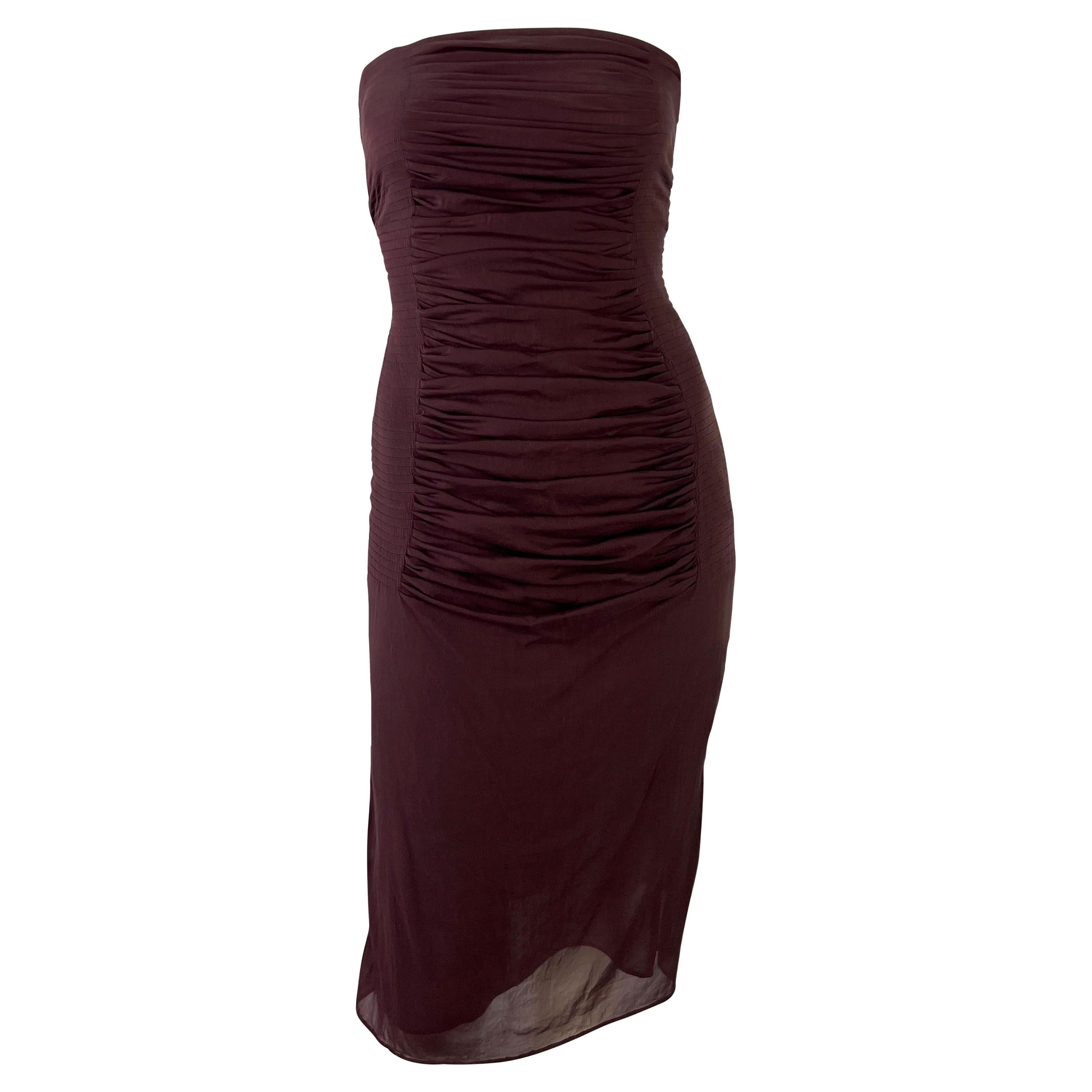 S/S 2001 Yves Saint Laurent by Tom Ford Sheer Maroon Pleat Strapless Mini Dress For Sale