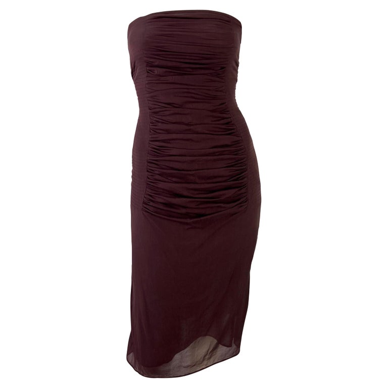 S/S 2001 Yves Saint Laurent by Tom Ford Sheer Maroon Pleat Strapless Mini  Dress For Sale at 1stDibs