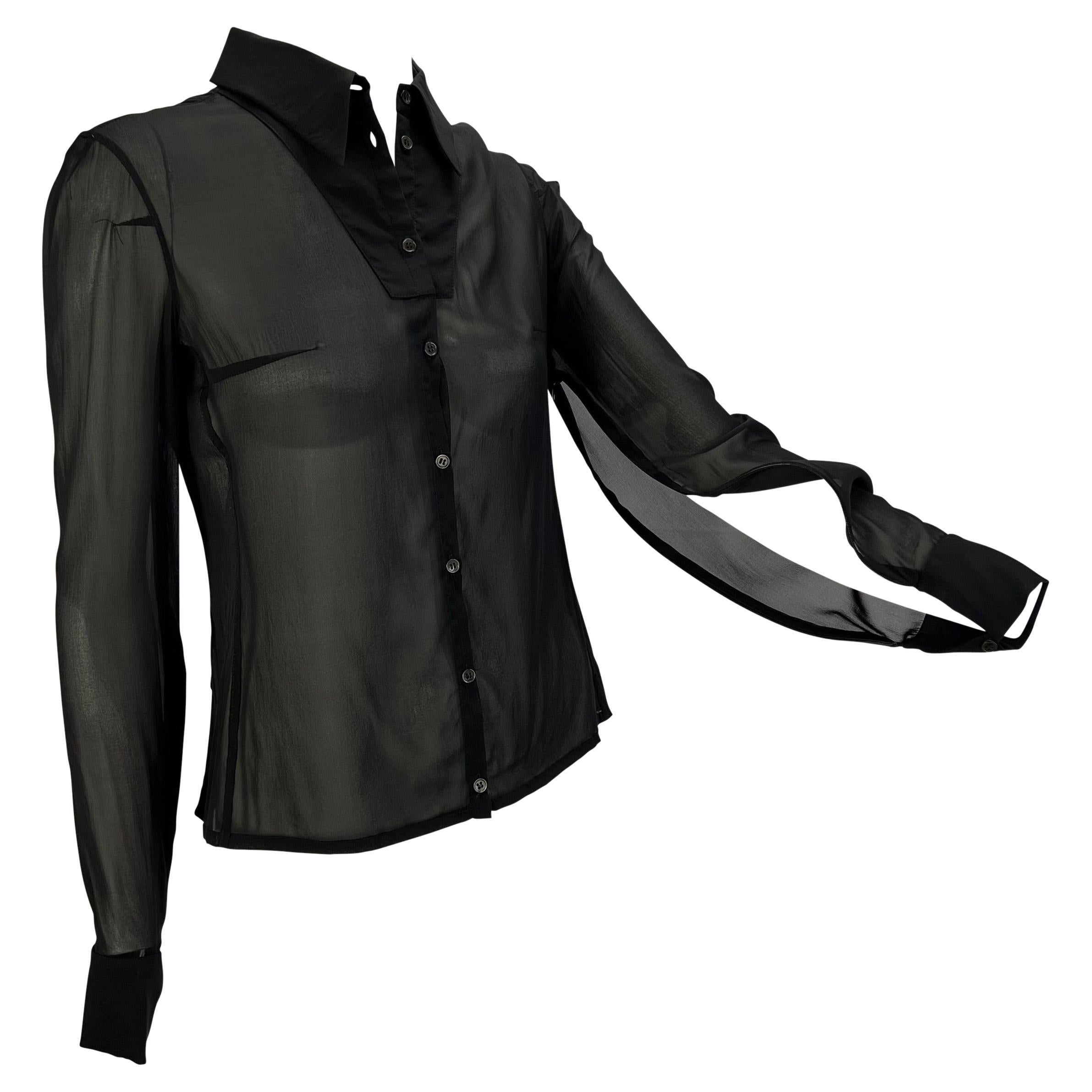 Black S/S 2001 Yves Saint Laurent by Tom Ford Sheer Stretch Silk Zip Sleeve Top For Sale