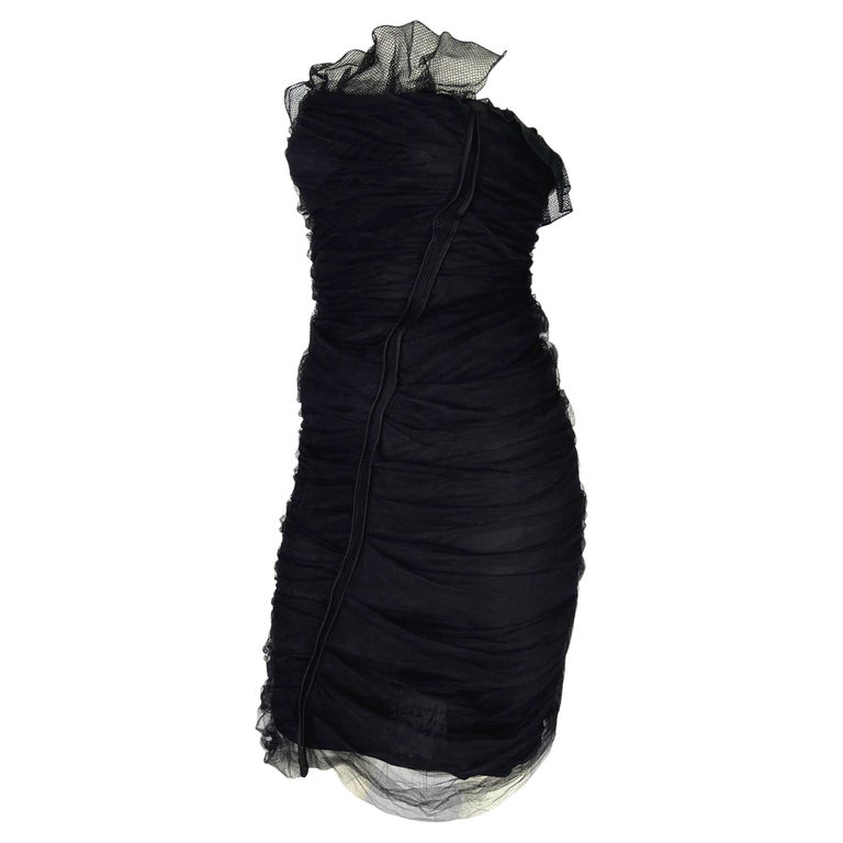 Black S/S 2001 Yves Saint Laurent by Tom Ford Tulle Overlay Mesh Strapless Dress For Sale