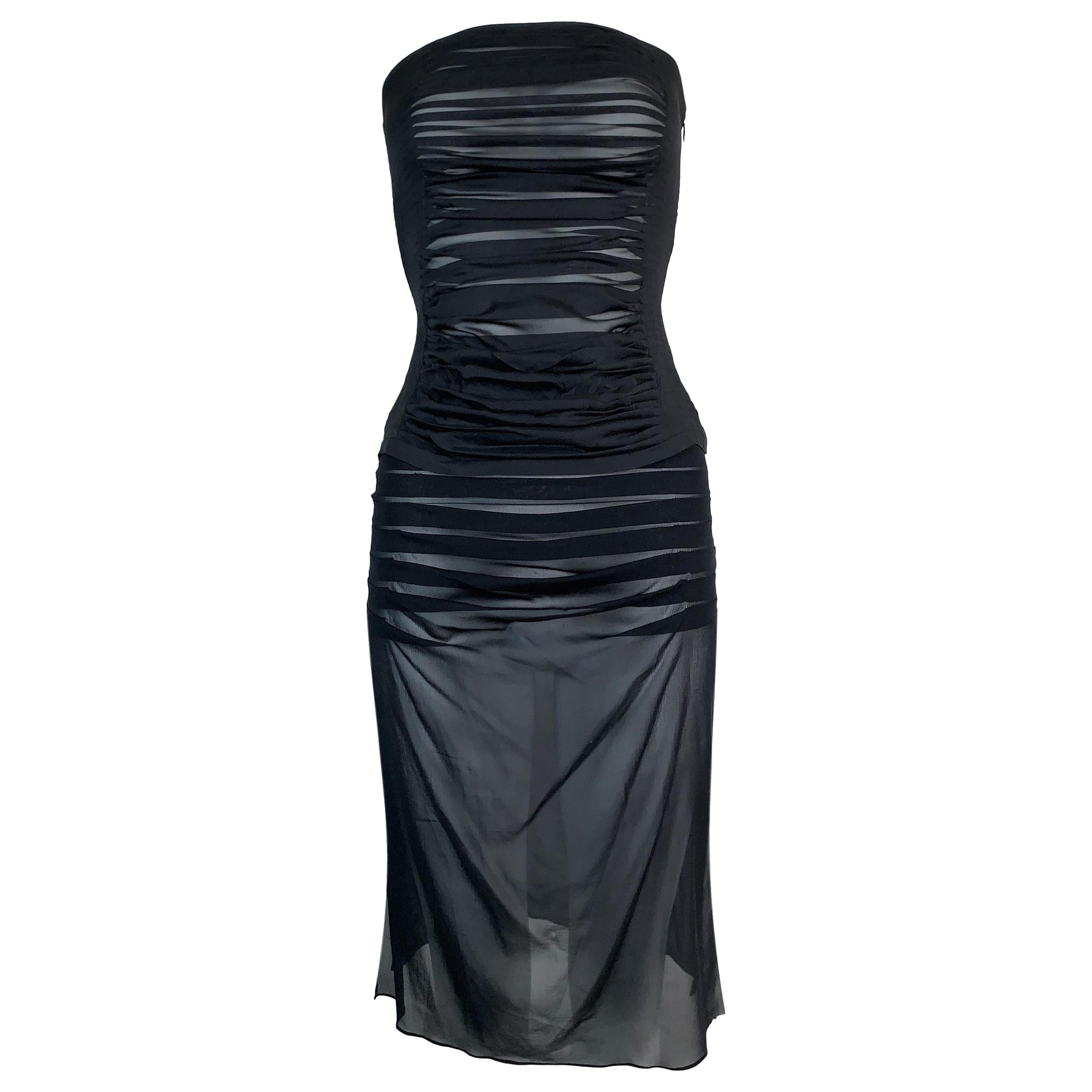 S/S 2001 Yves Saint Laurent Sheer Black Silk Ruched Strapless Top & Skirt Set