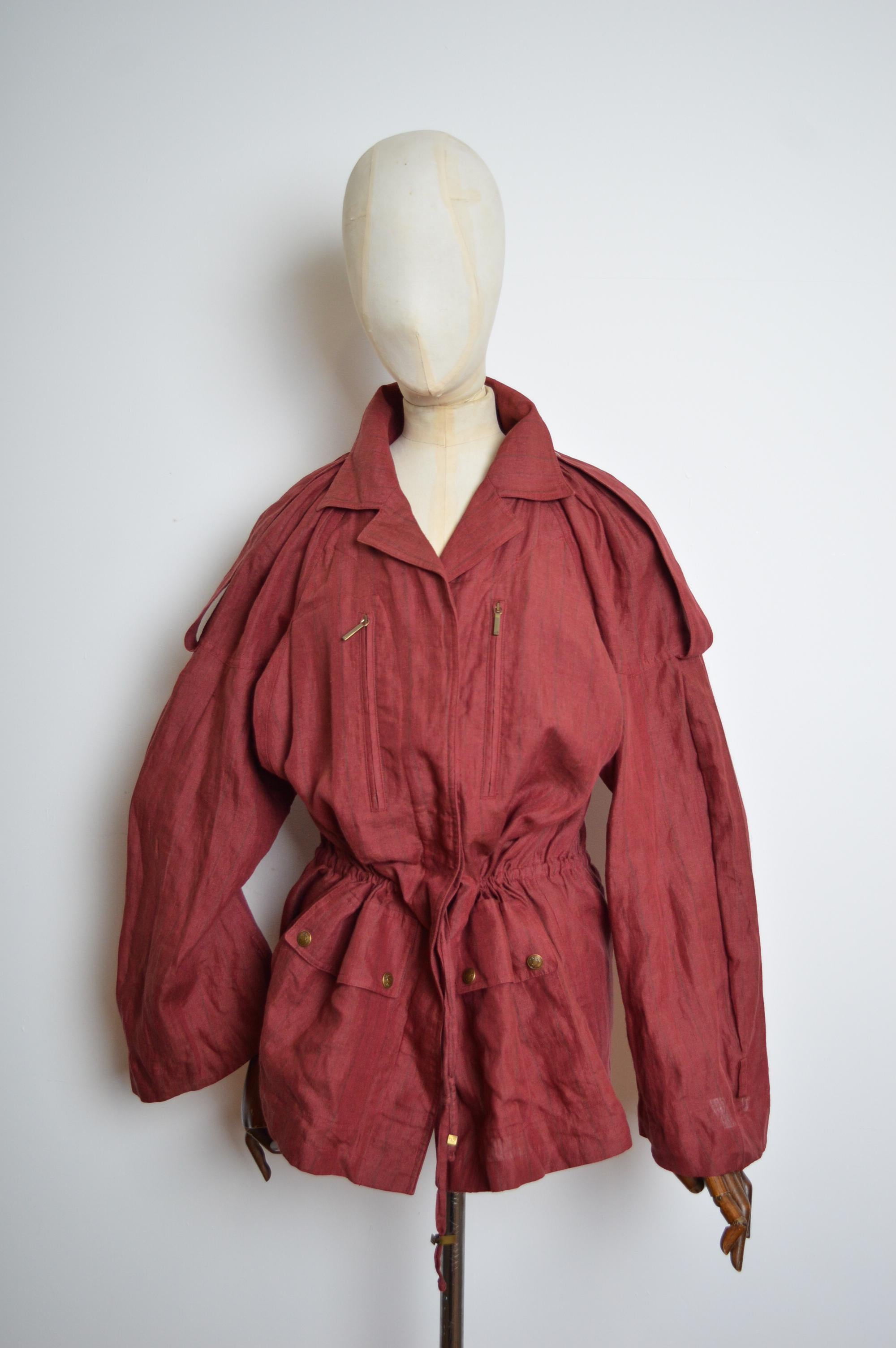 S/S 2002 Burgundy Christian Dior by John Galliano crinkled Linen Parka Jacket For Sale 6