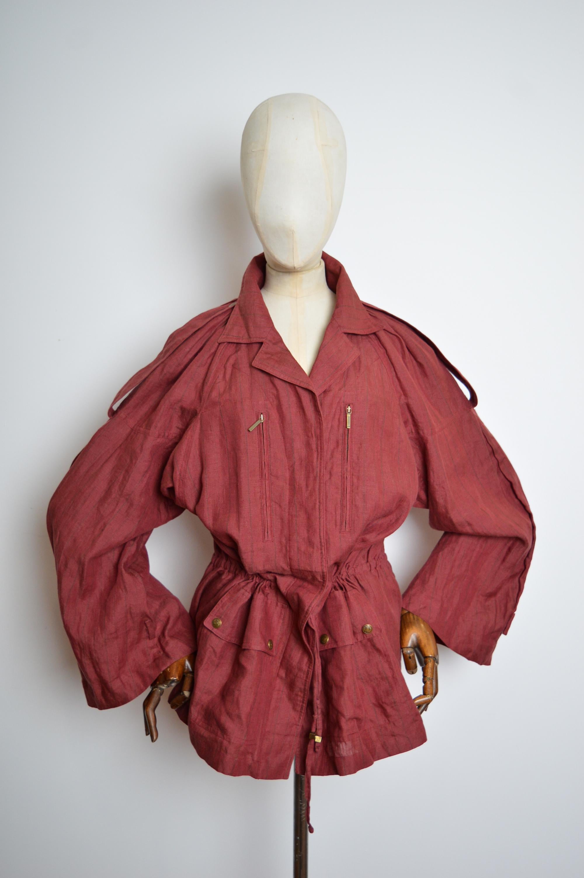 S/S 2002 Burgundy Christian Dior by John Galliano crinkled Linen Parka Jacket For Sale 9