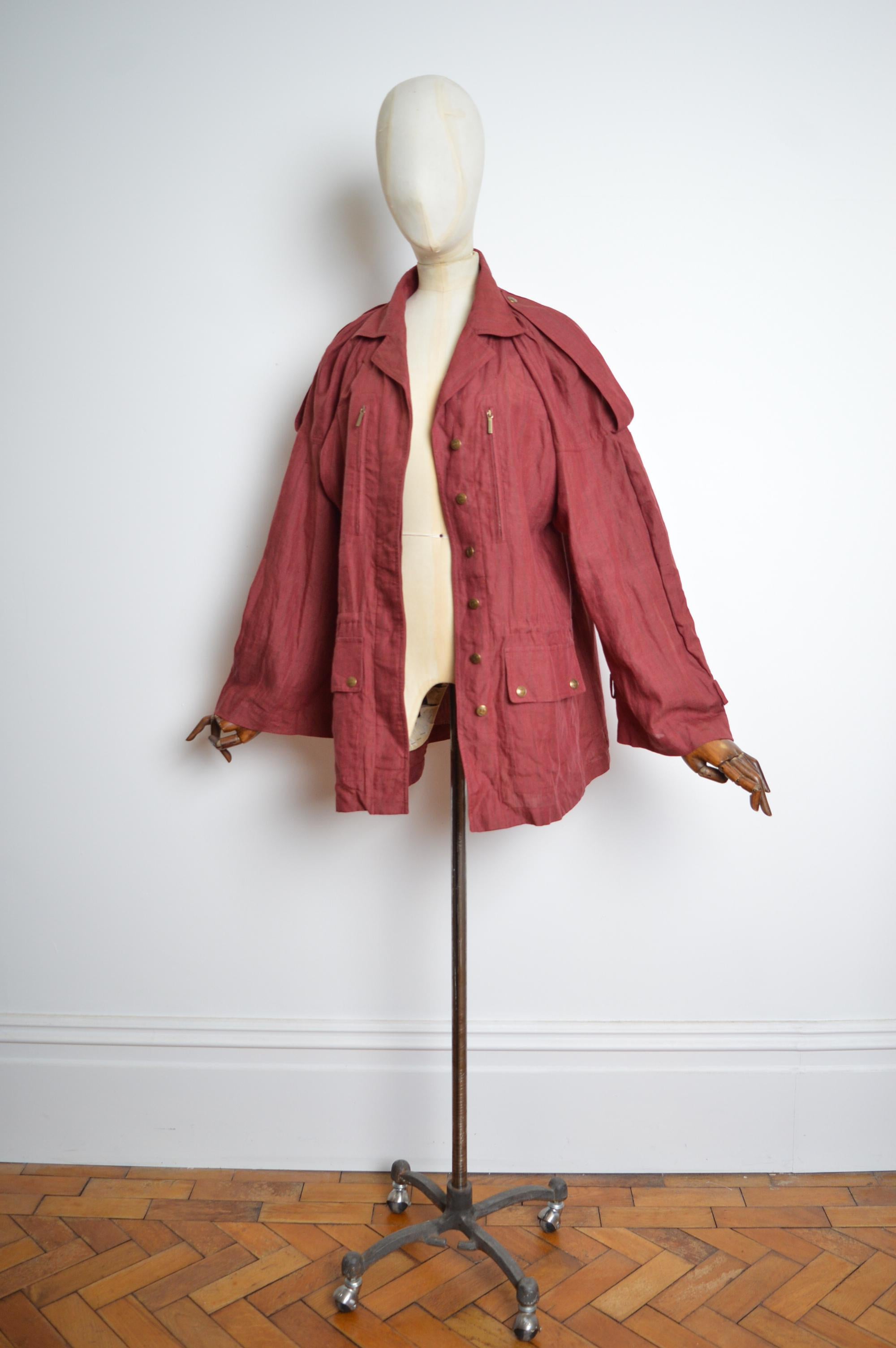S/S 2002 Burgundy Christian Dior by John Galliano crinkled Linen Parka Jacket For Sale 2