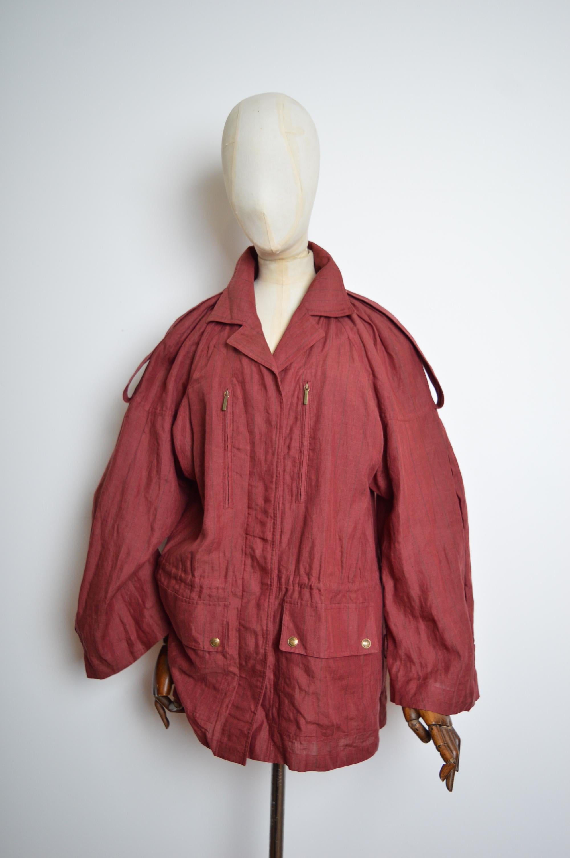 S/S 2002 Burgundy Christian Dior by John Galliano crinkled Linen Parka Jacket For Sale 11