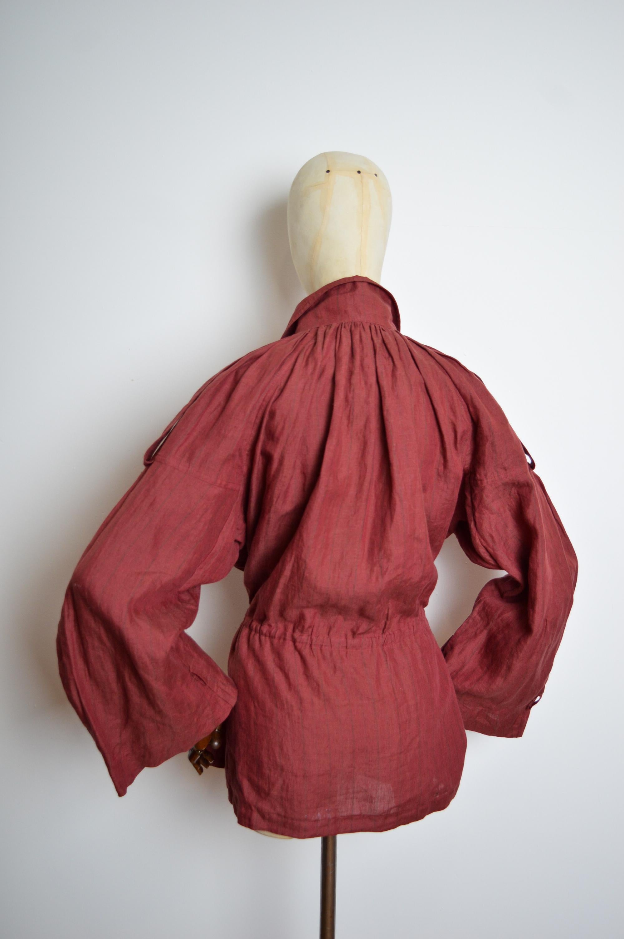 S/S 2002 Burgundy Christian Dior by John Galliano crinkled Linen Parka Jacket For Sale 3