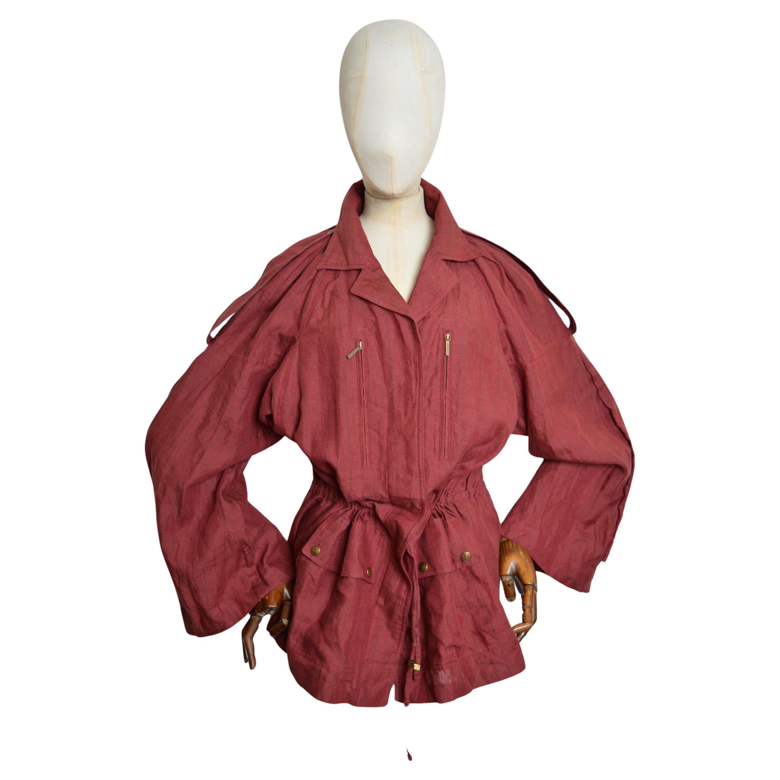 S/S 2002 Burgundy Christian Dior by John Galliano crinkled Linen Parka Jacket For Sale