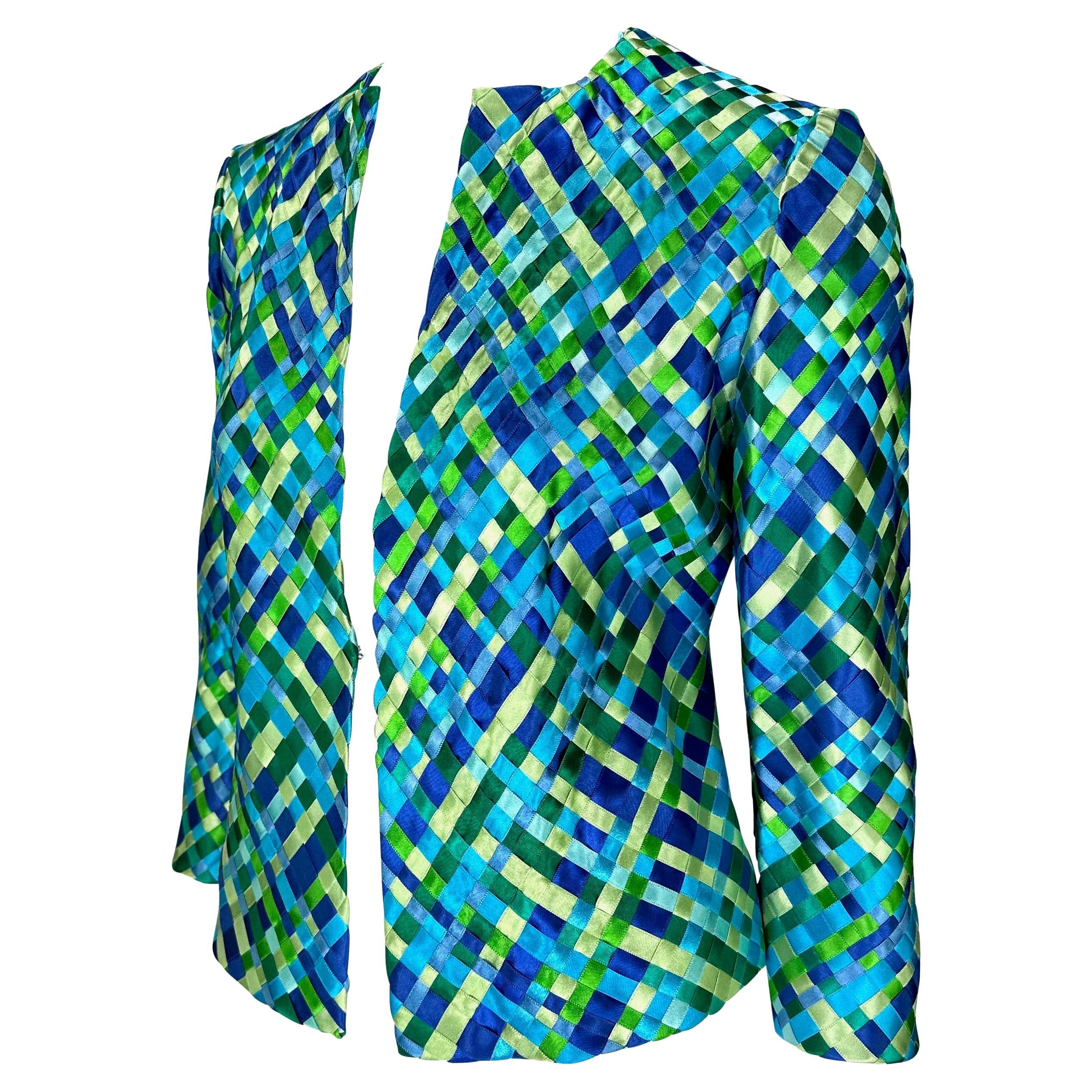 S/S 2002 Dolce & Gabbana Runway Blue Green Satin Woven Ribbon Jacket In Excellent Condition For Sale In West Hollywood, CA