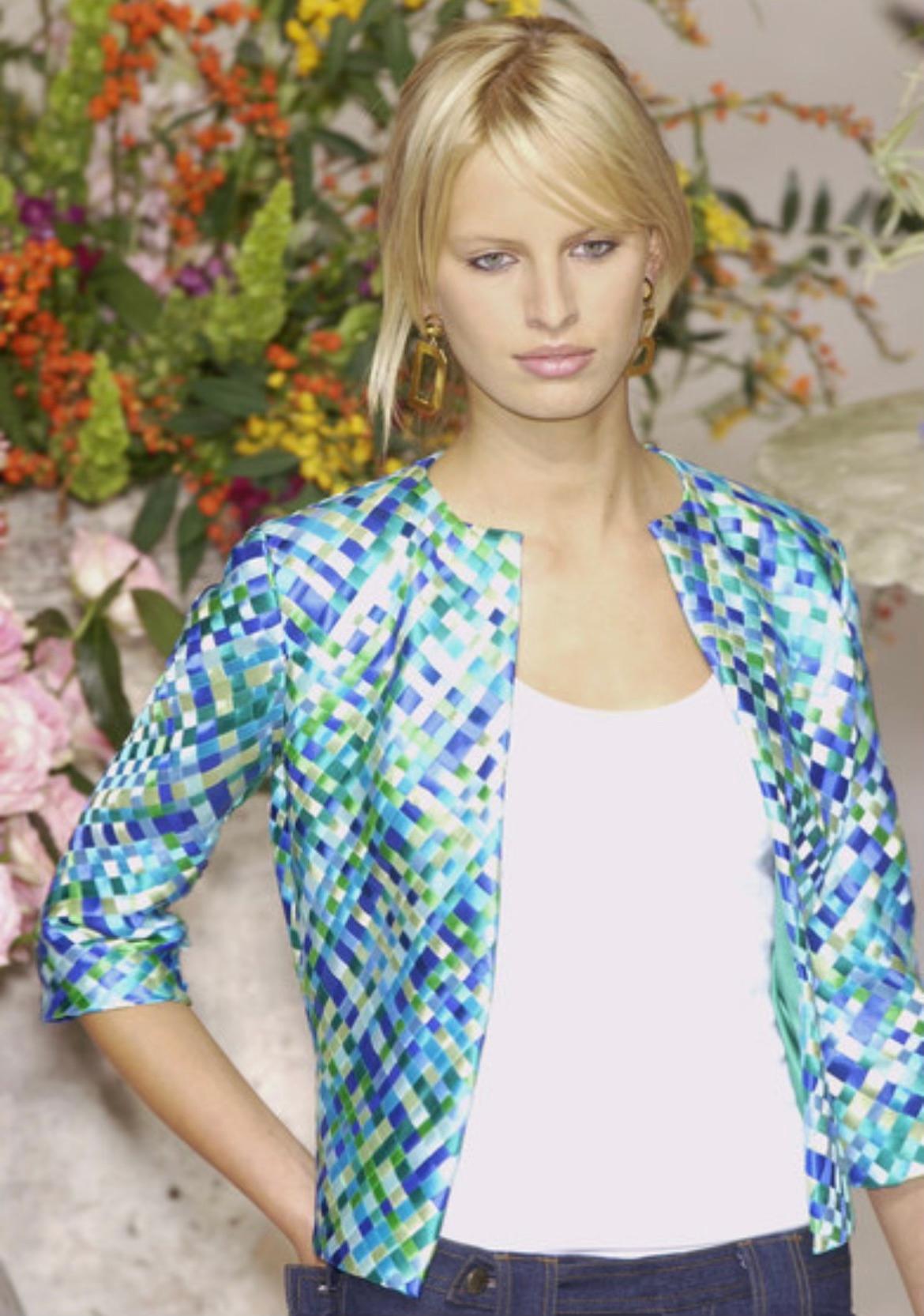 Women's S/S 2002 Dolce & Gabbana Runway Blue Green Satin Woven Ribbon Jacket For Sale