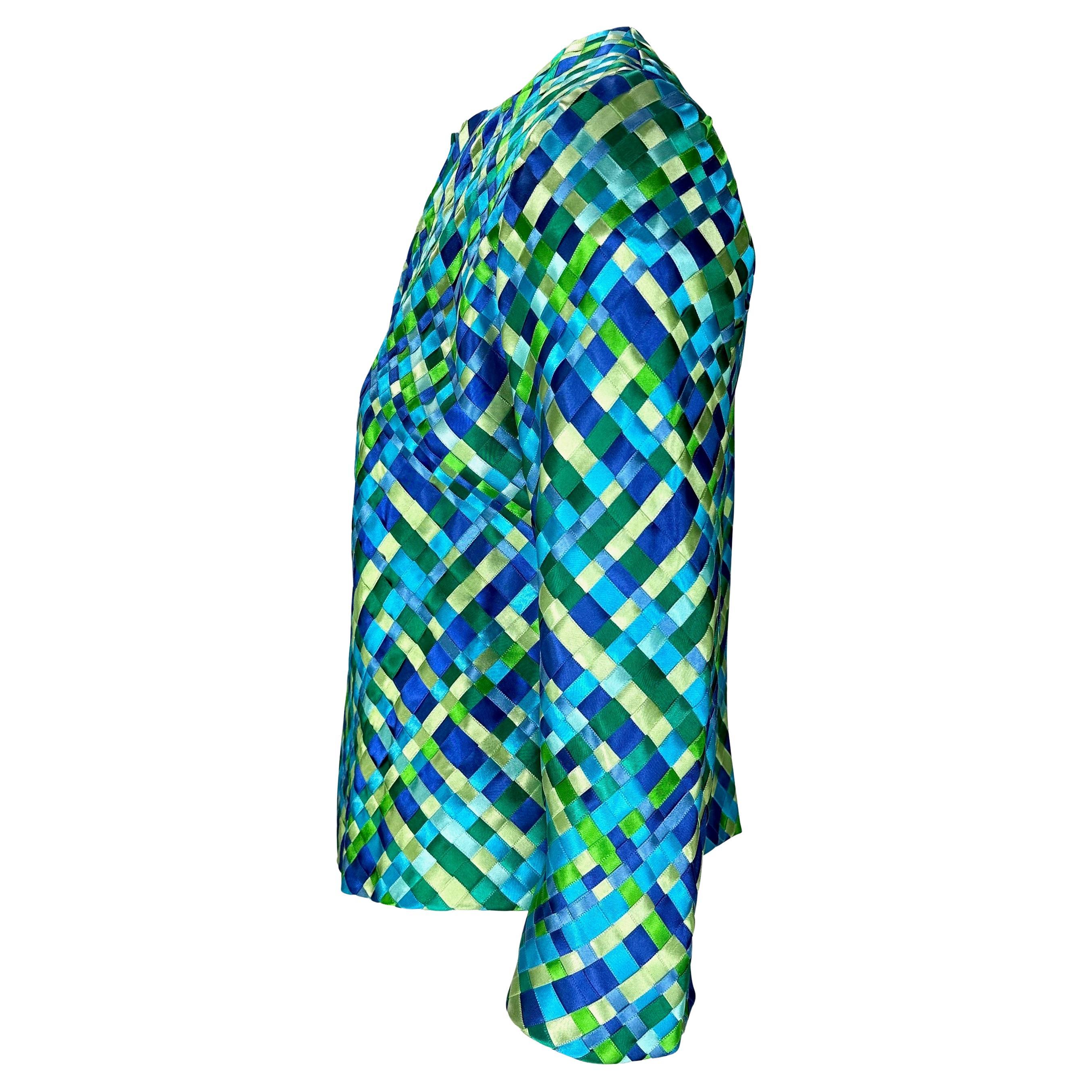 S/S 2002 Dolce & Gabbana Runway Blue Green Satin Woven Ribbon Jacket For Sale 1