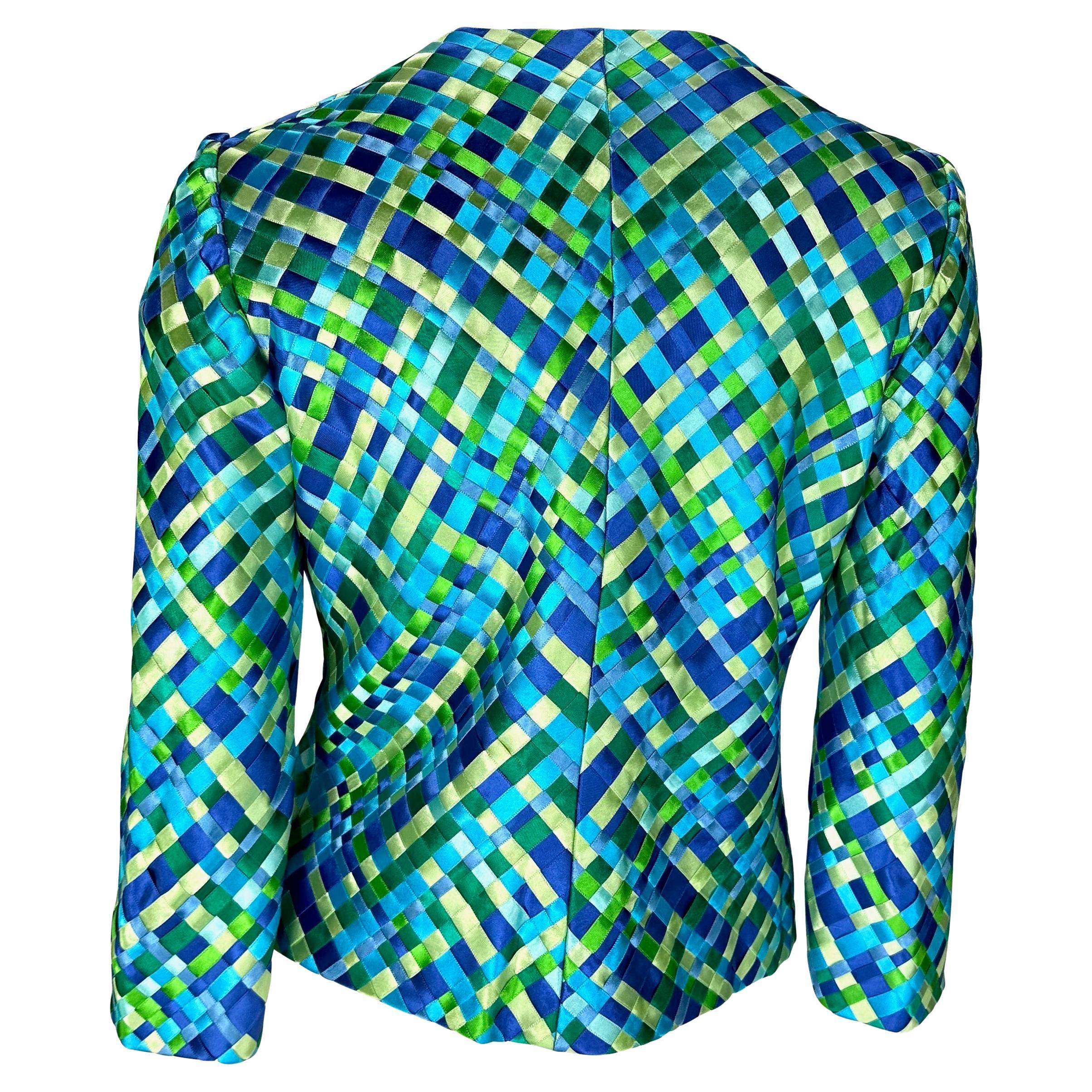 S/S 2002 Dolce & Gabbana Runway Blue Green Satin Woven Ribbon Jacket For Sale 2