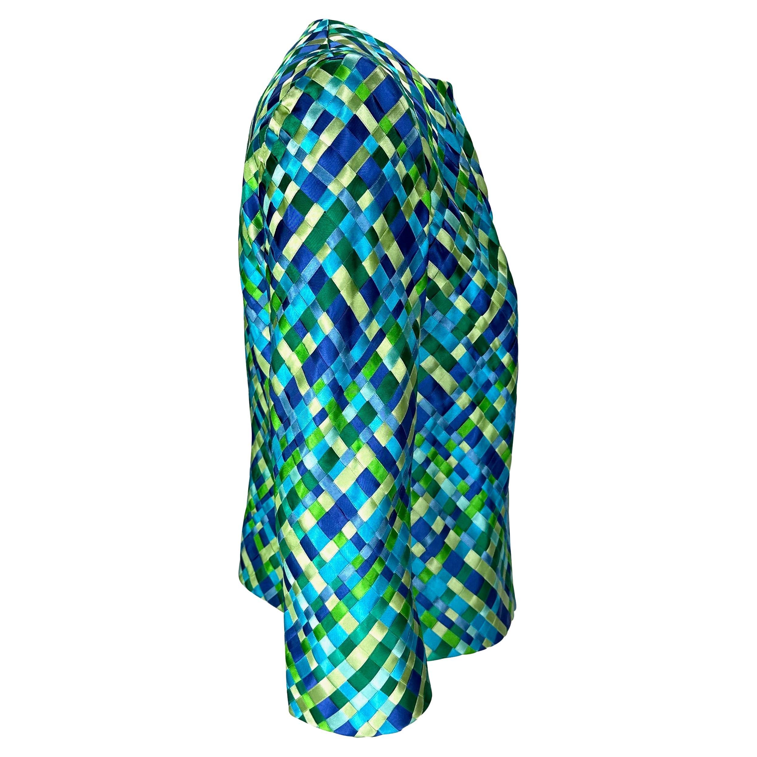 S/S 2002 Dolce & Gabbana Runway Bleu Vert Satin Woven Ribbon Jacket en vente 3