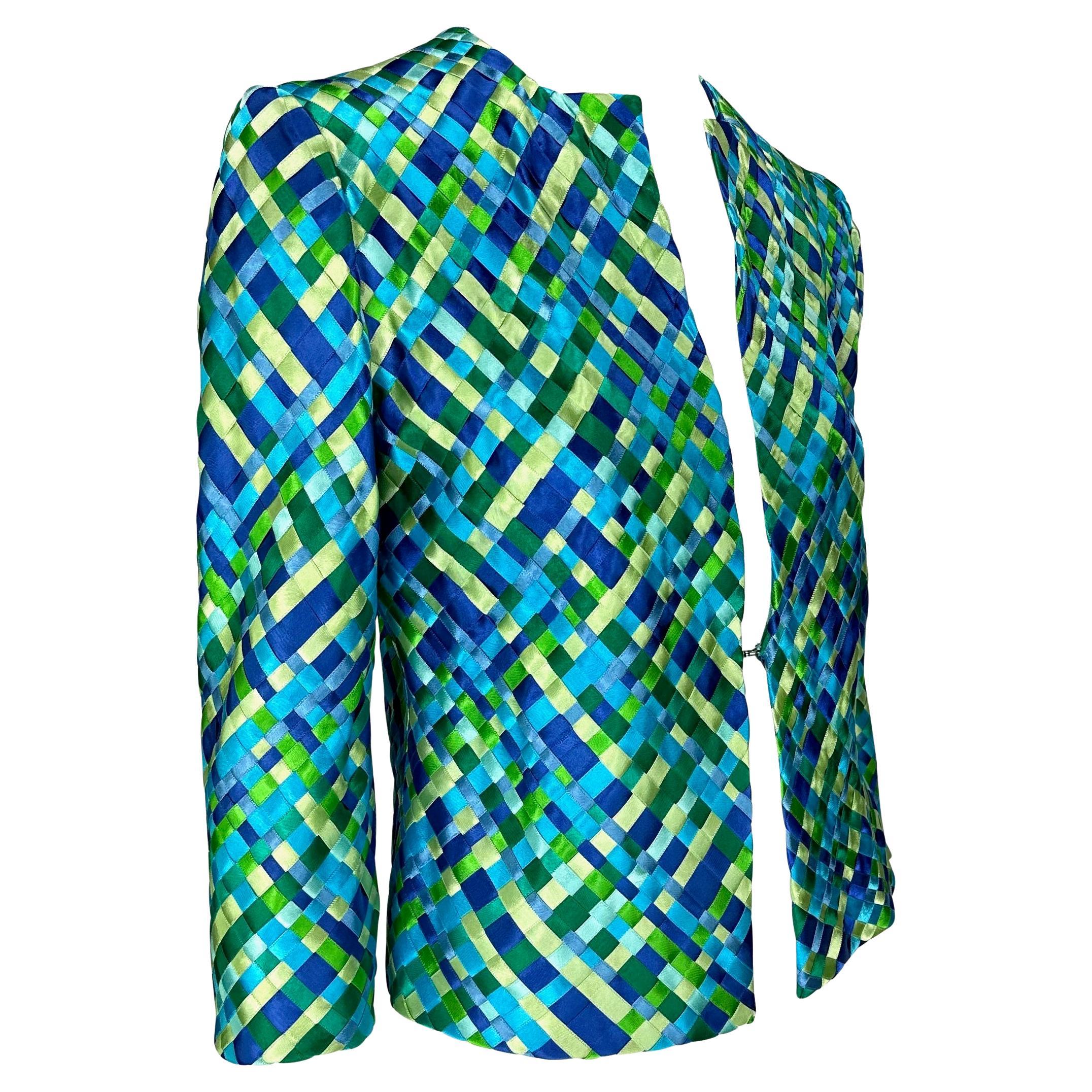 S/S 2002 Dolce & Gabbana Runway Blue Green Satin Woven Ribbon Jacket For Sale 4