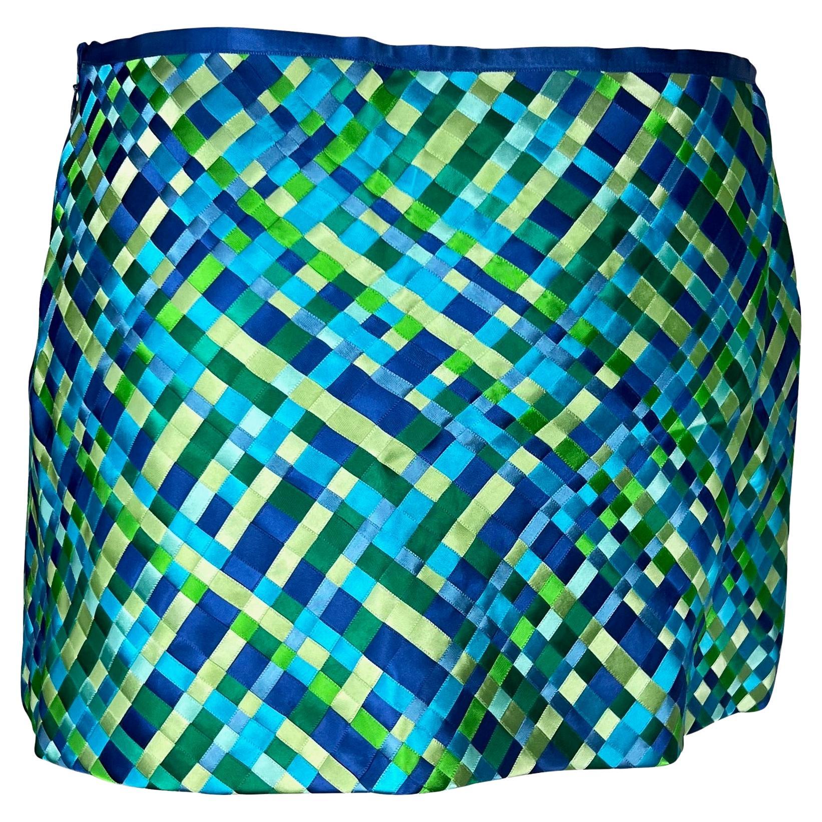 S/S 2002 Dolce & Gabbana Runway Blue Green Satin Woven Ribbon Mini Skirt Y2K For Sale 2