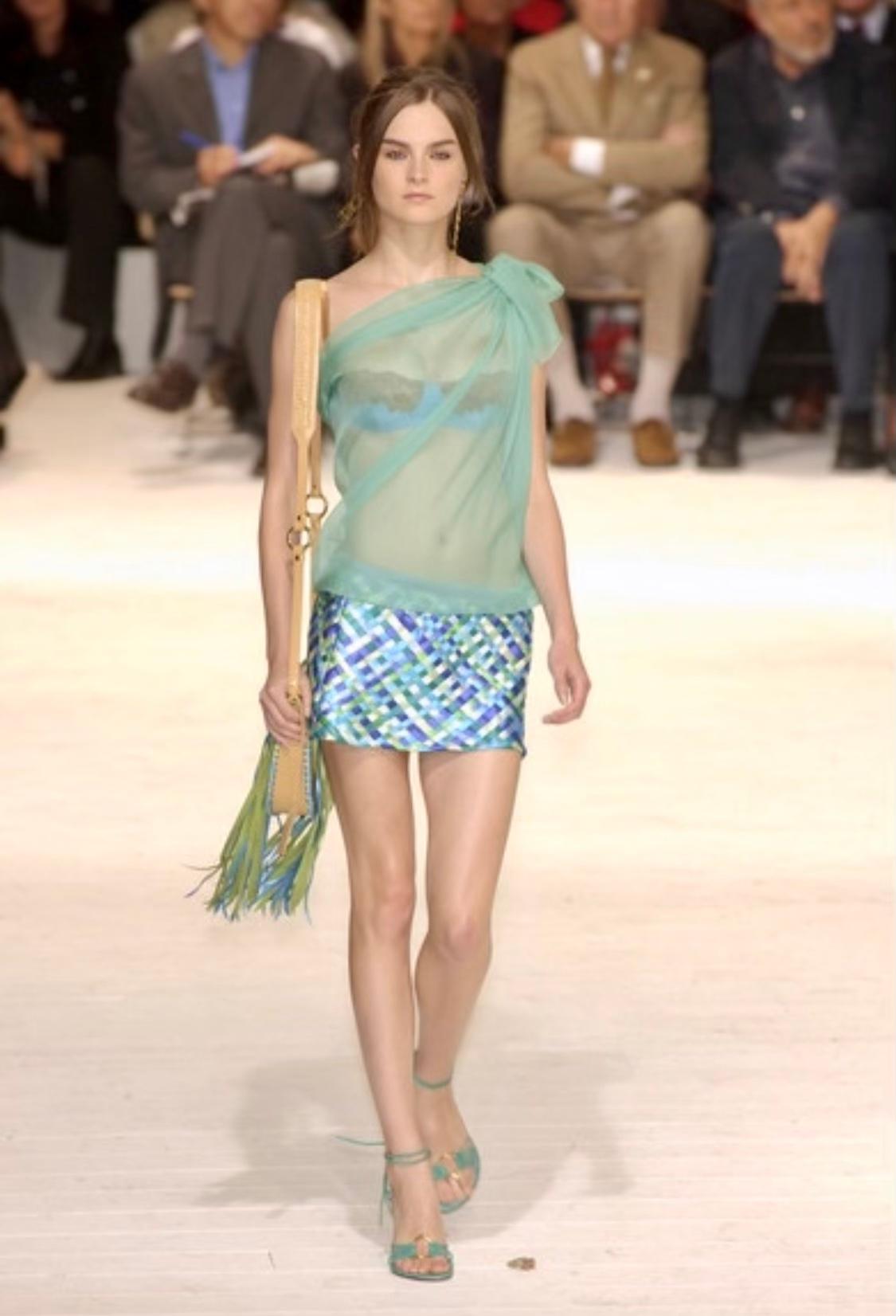 S/S 2002 Dolce & Gabbana Runway Blue Green Satin Woven Ribbon Mini Skirt Y2K For Sale 4