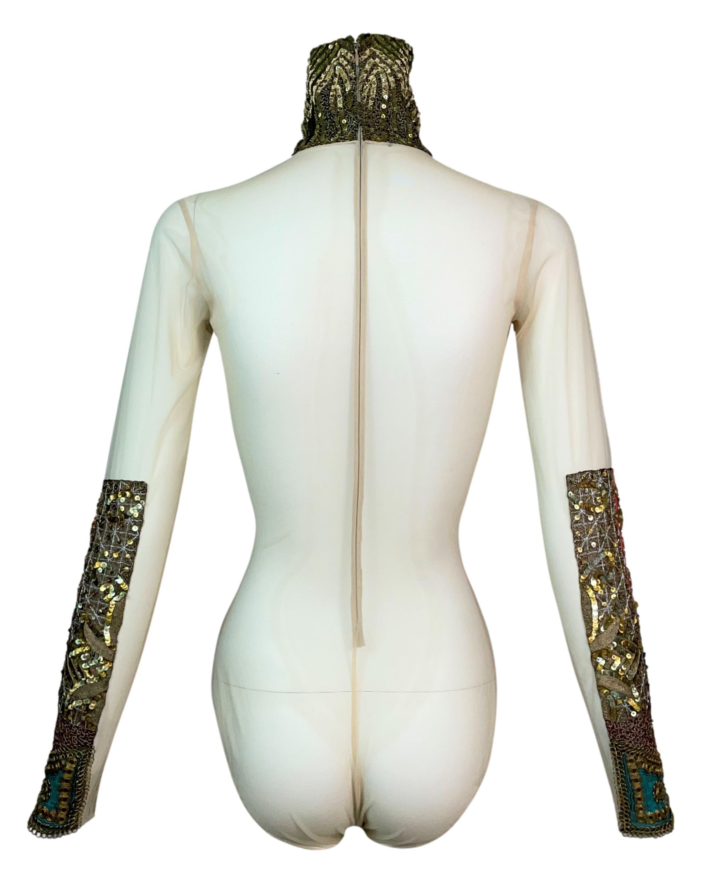 S/S 2002 Gianfranco Ferre Runway Sheer Nude Embellished Moroccan Bodysuit Top In Excellent Condition In Yukon, OK