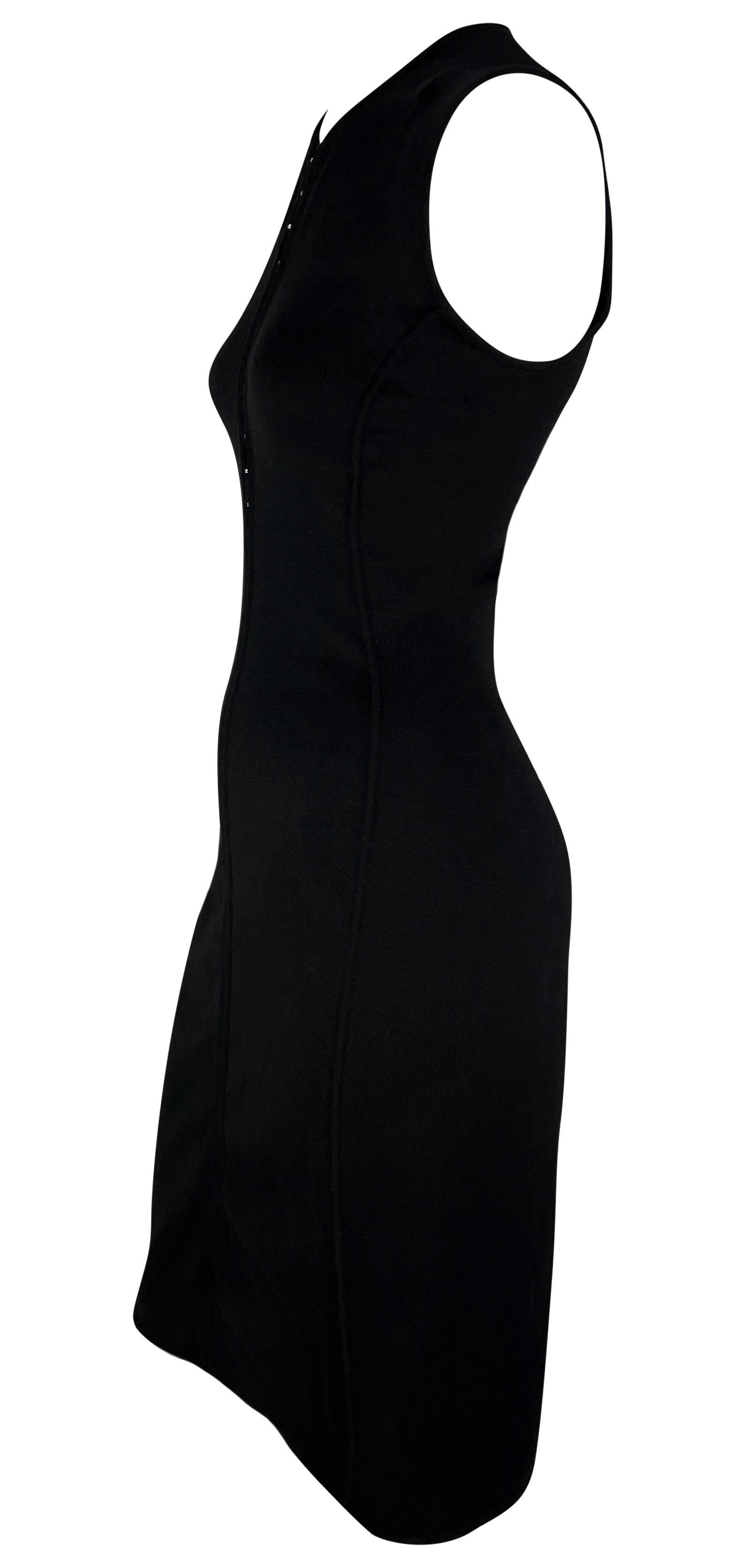 Women's S/S 2002 Gianni Versace by Donatella Black Bodycon Hook Eye Plunging Knit Dress For Sale