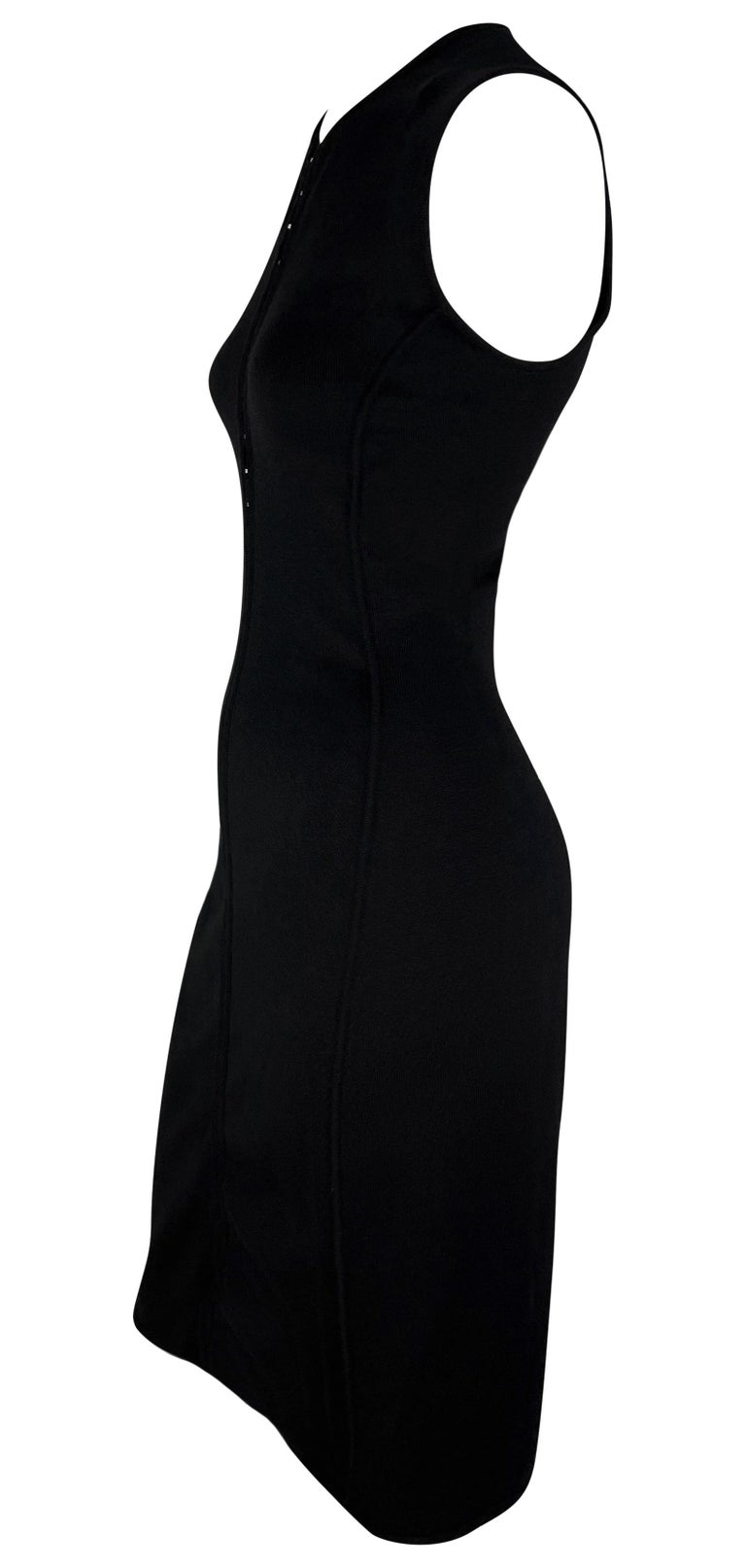 S/S 2002 Gianni Versace by Donatella Black Bodycon Hook Eye Plunging Knit Dress S/S 2002 Gianni Versace by Donatella Black Bodycon Hook Eye Plunging Knit Dress