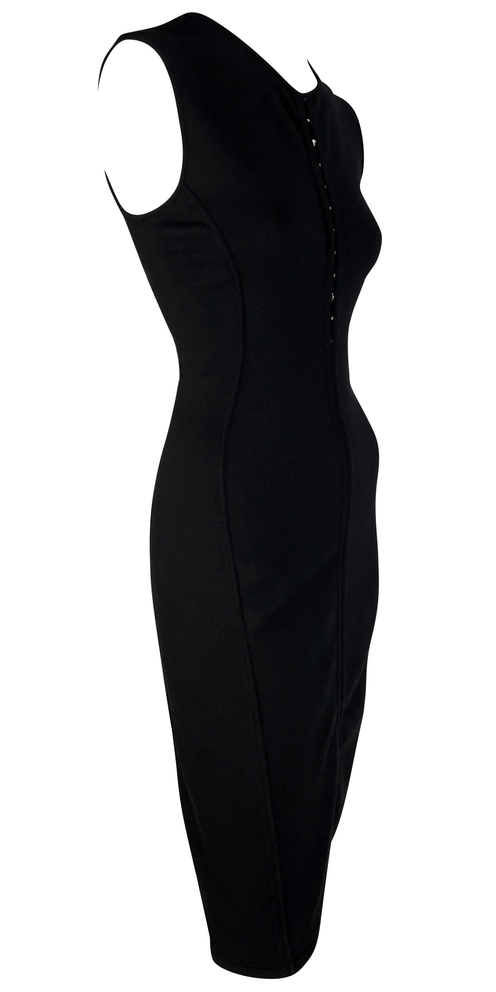 S/S 2002 Gianni Versace by Donatella Black Bodycon Hook Eye Plunging Knit Dress For Sale 2