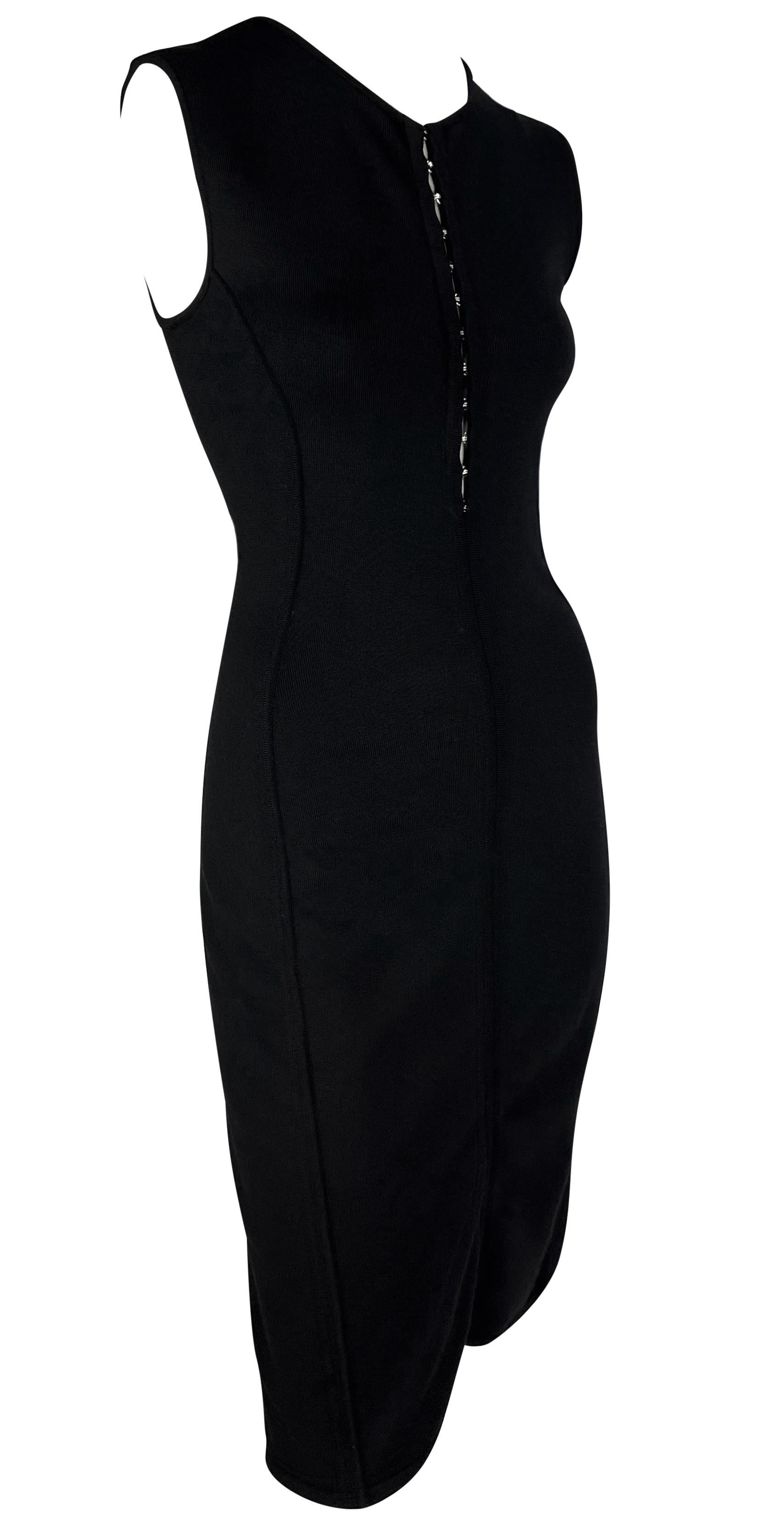 S/S 2002 Gianni Versace by Donatella Black Bodycon Hook Eye Plunging Knit Dress For Sale 3
