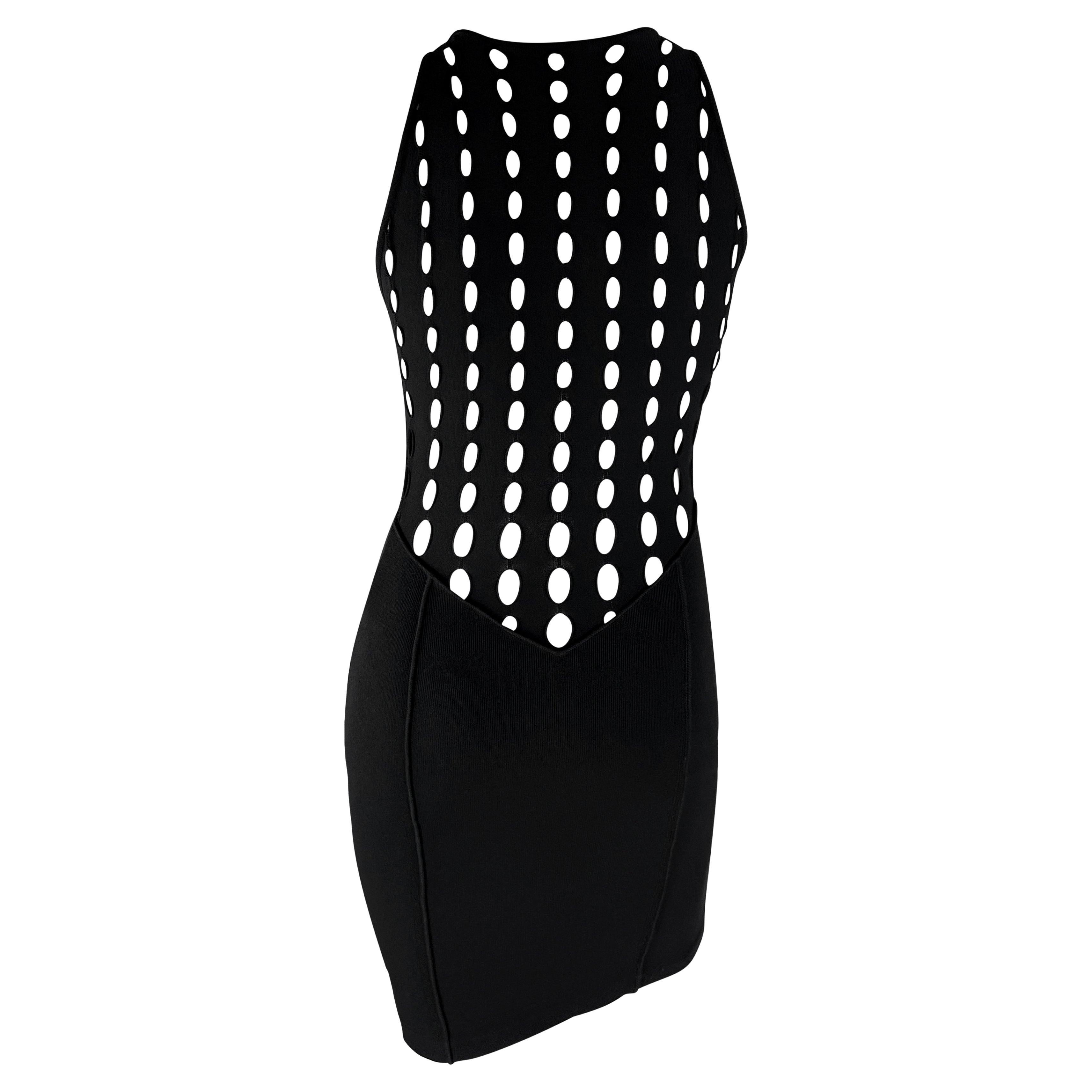 S/S 2002 Gianni Versace by Donatella Black Bodycon Knit Eyelet Cutout Sleeveless For Sale