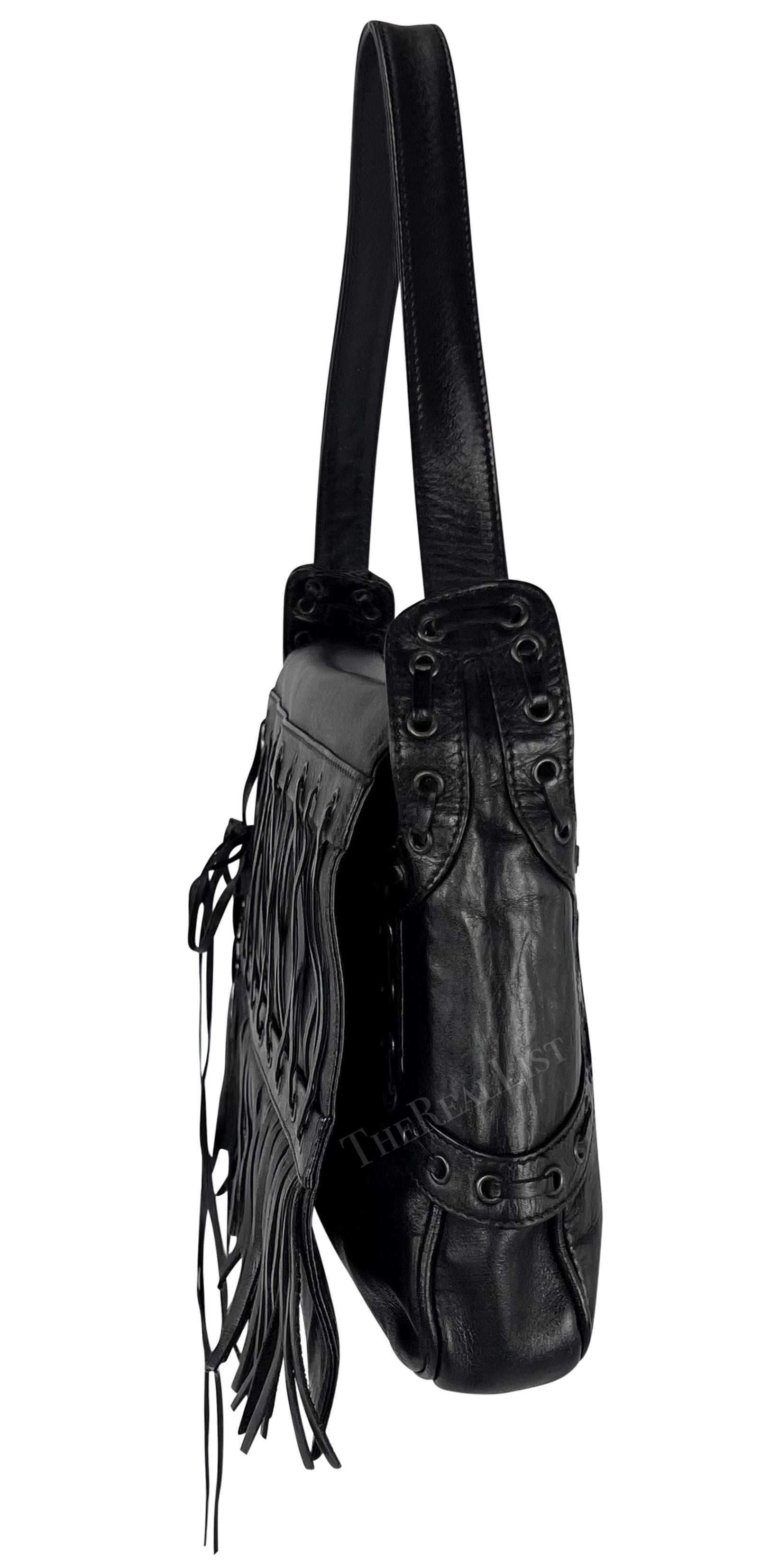 S/S 2002 Gianni Versace by Donatella Black Leather Lace Up Fringe Shoulder Bag In Good Condition For Sale In West Hollywood, CA