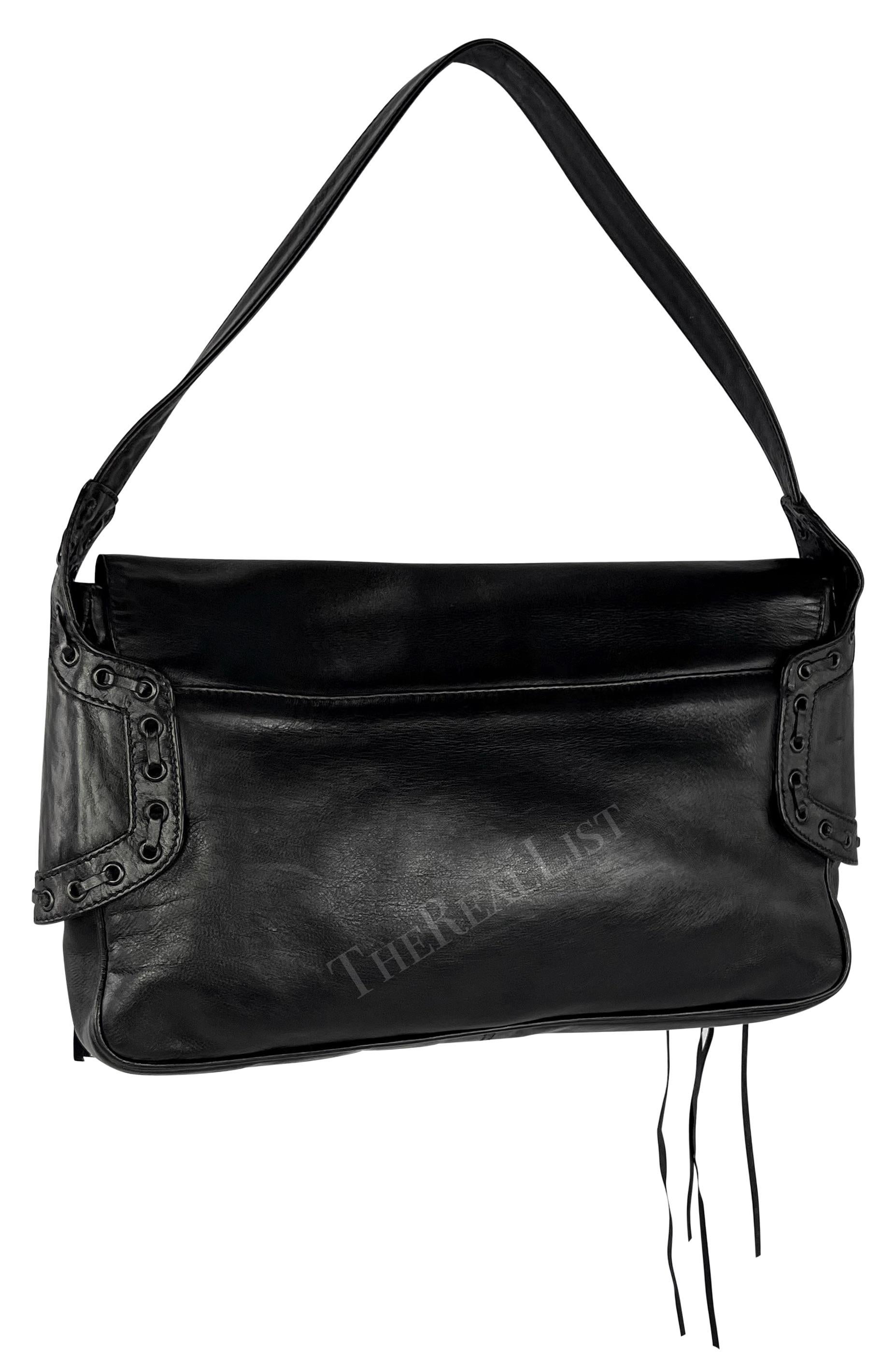 S/S 2002 Gianni Versace by Donatella Black Leather Lace Up Fringe Shoulder Bag For Sale 1