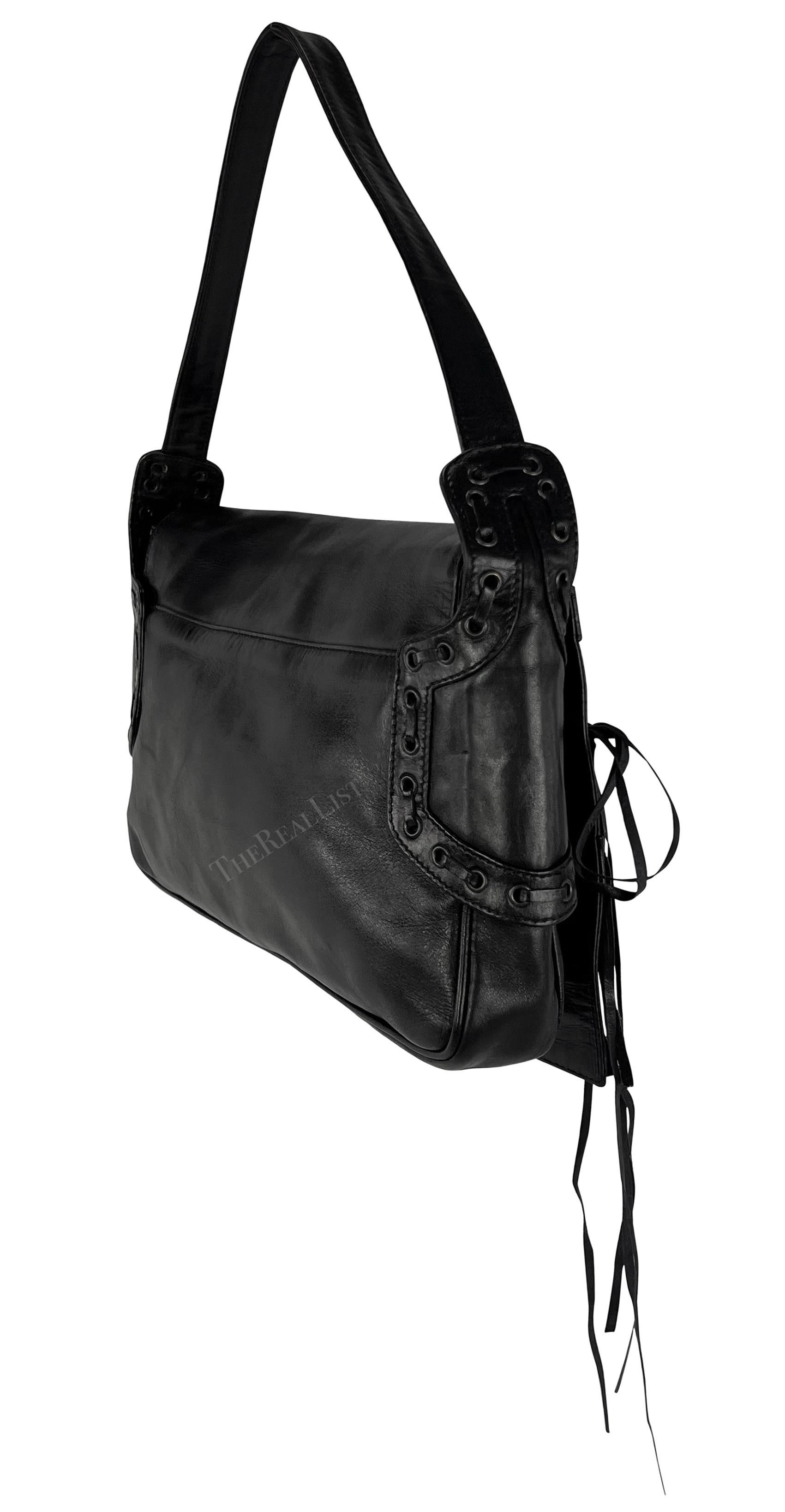 S/S 2002 Gianni Versace by Donatella Black Leather Lace Up Fringe Shoulder Bag For Sale 2