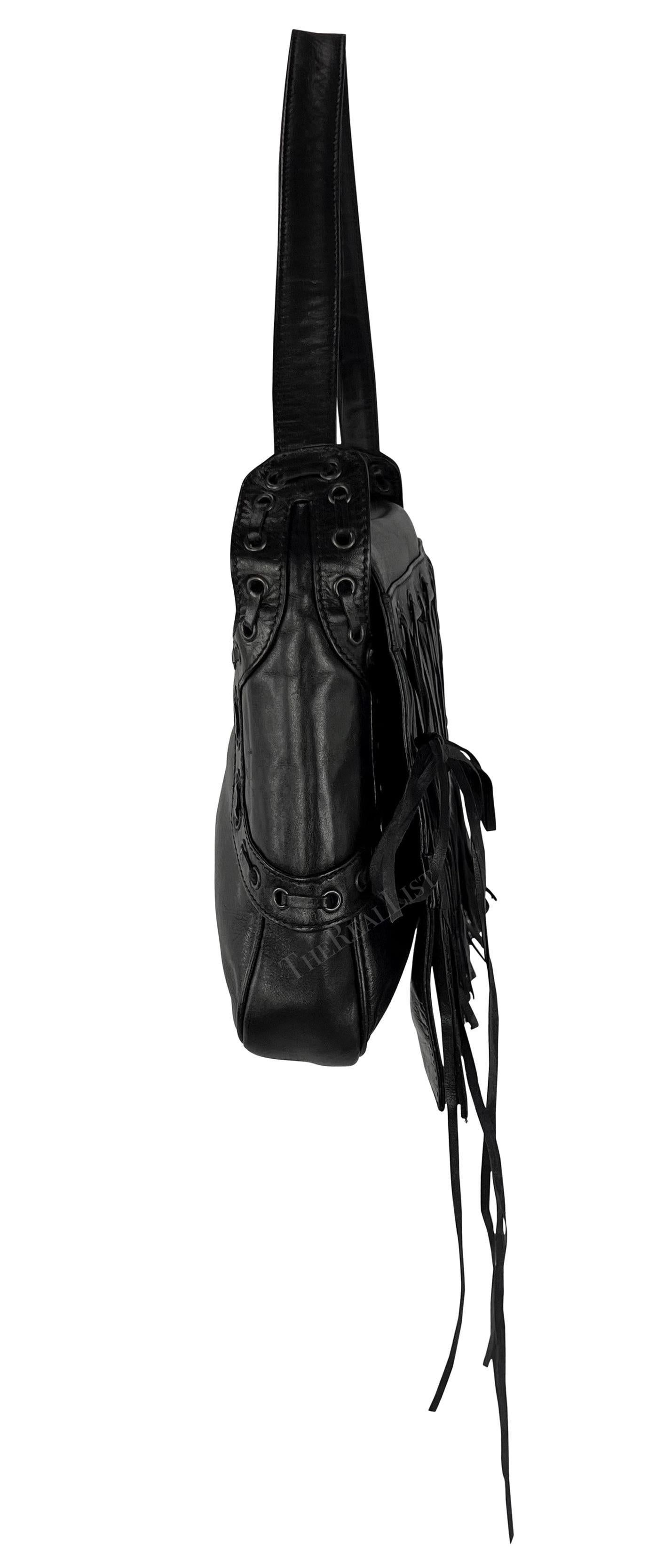 S/S 2002 Gianni Versace by Donatella Black Leather Lace Up Fringe Shoulder Bag For Sale 3