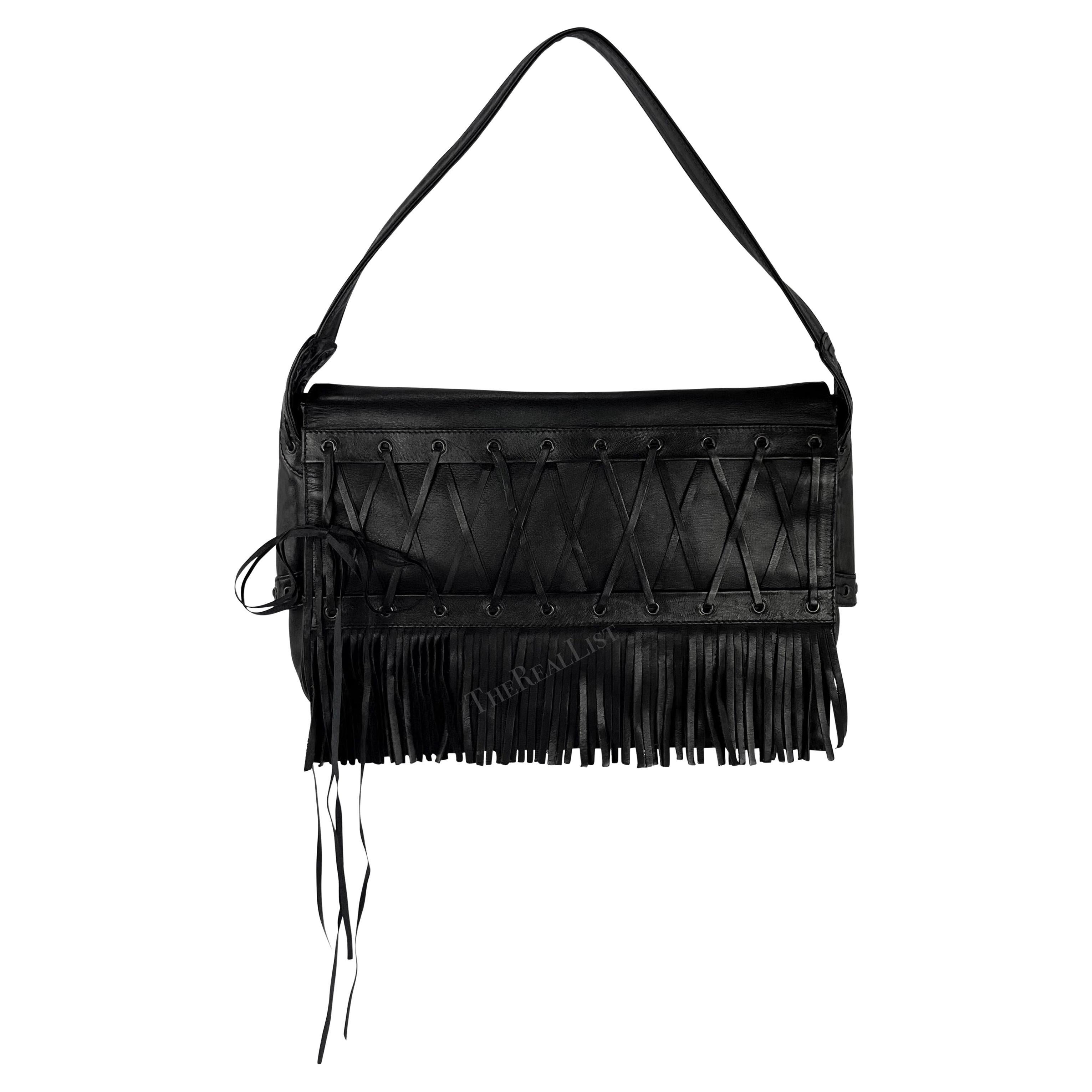 S/S 2002 Gianni Versace by Donatella Black Leather Lace Up Fringe Shoulder Bag For Sale
