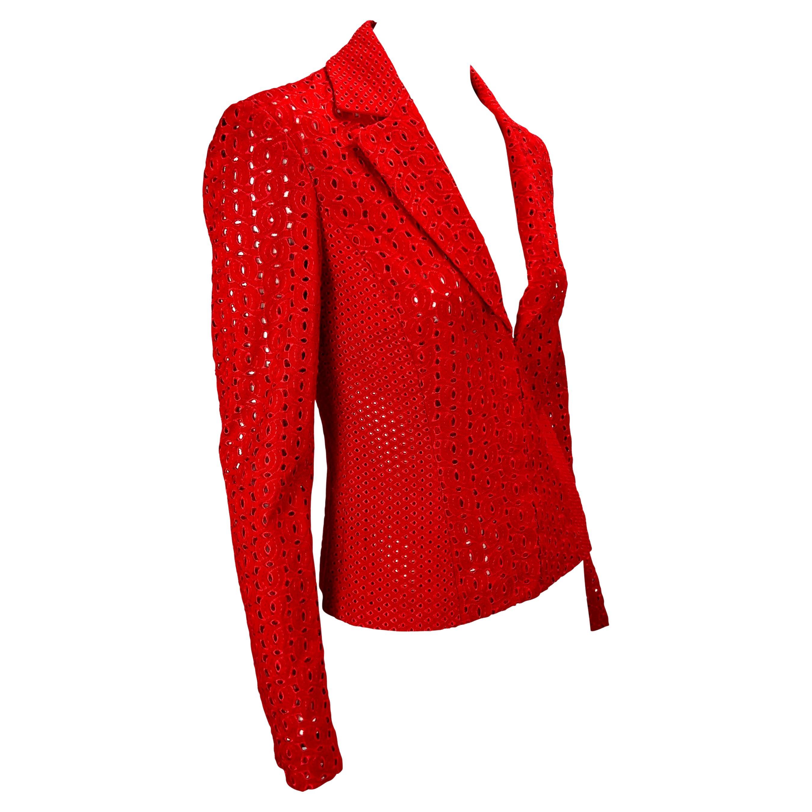 S/S 2002 Gianni Versace by Donatella Eyelet Cutout Red Sheer Blazer For Sale 7