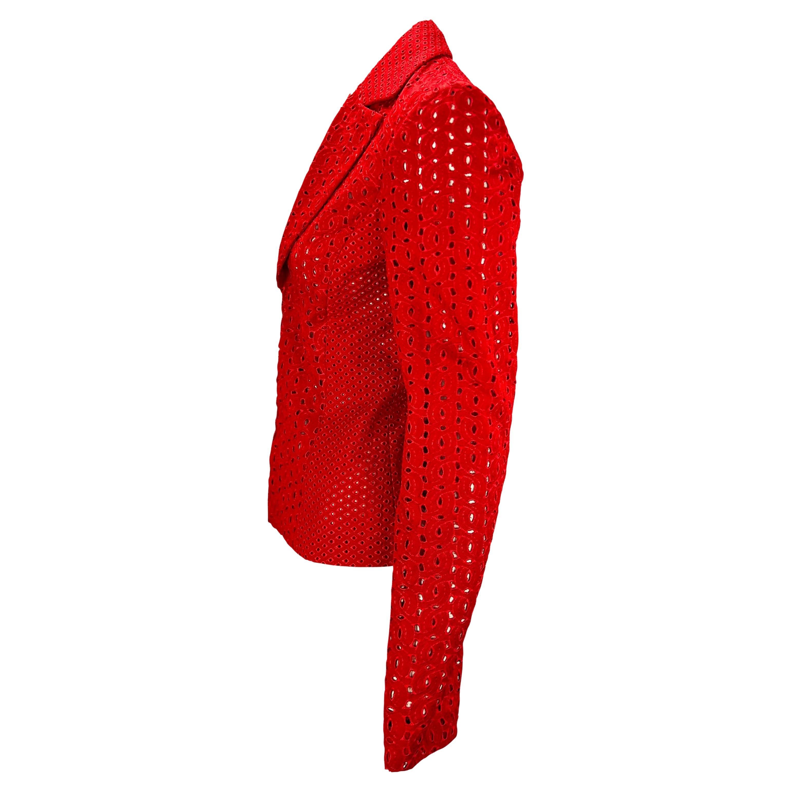 S/S 2002 Gianni Versace by Donatella Eyelet Cutout Red Sheer Blazer For Sale 1