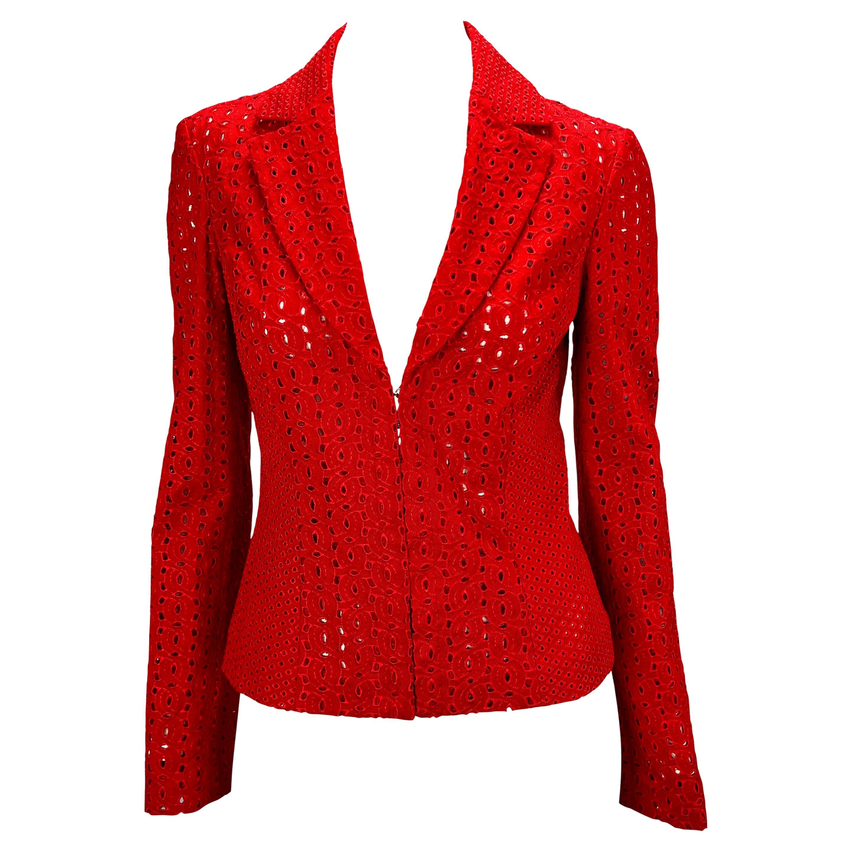 S/S 2002 Gianni Versace by Donatella Eyelet Cutout Red Sheer Blazer For Sale