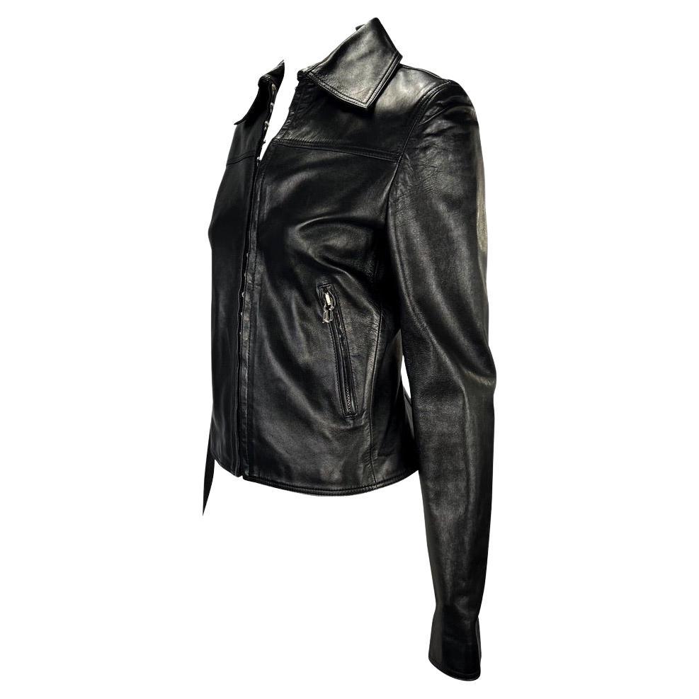 Women's S/S 2002 Gianni Versace by Donatella Hook Eye Zip Black Leather Jacket For Sale