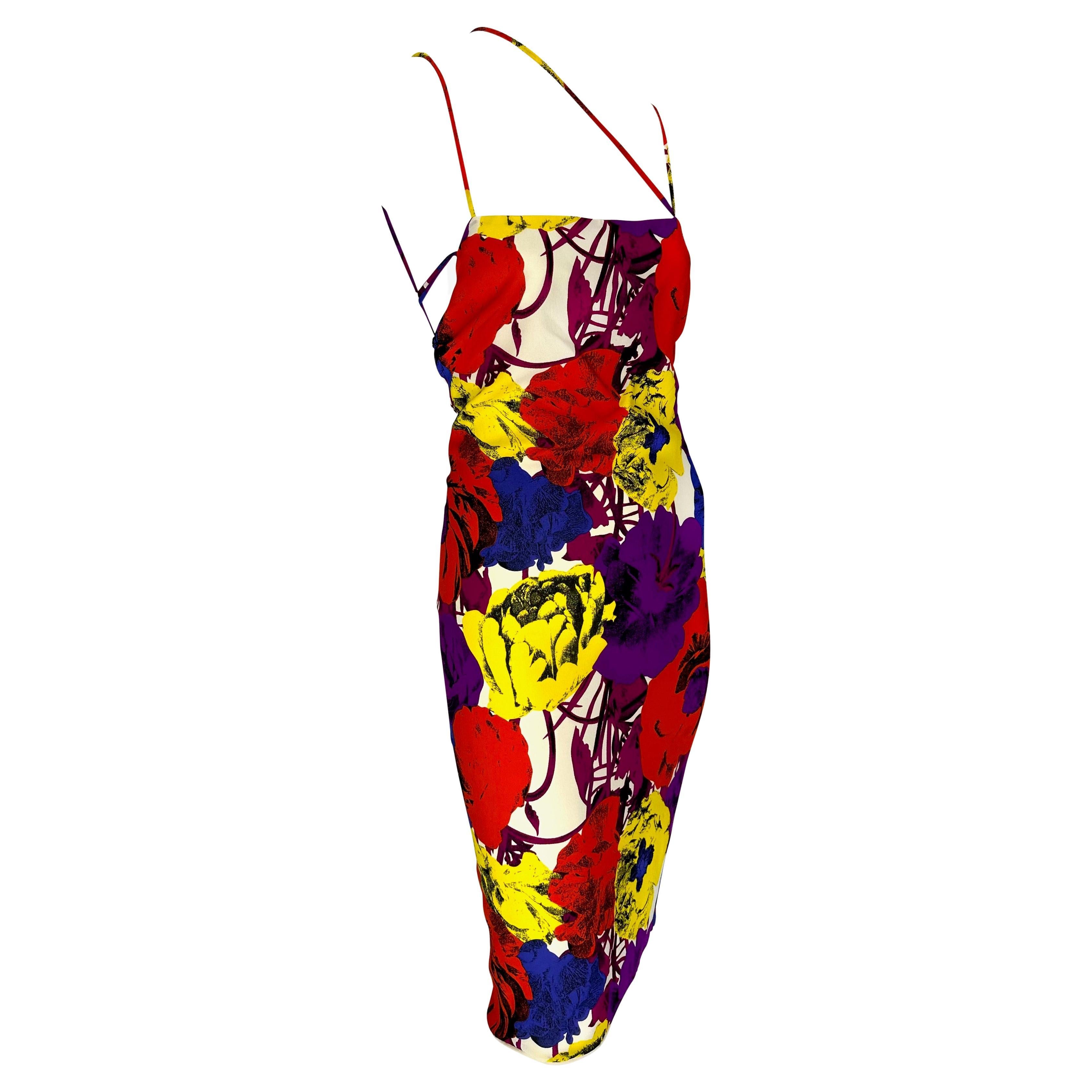 S/S 2002 Gianni Versace by Donatella Pop Art Floral Print Lace-Up Backless Dress For Sale 6