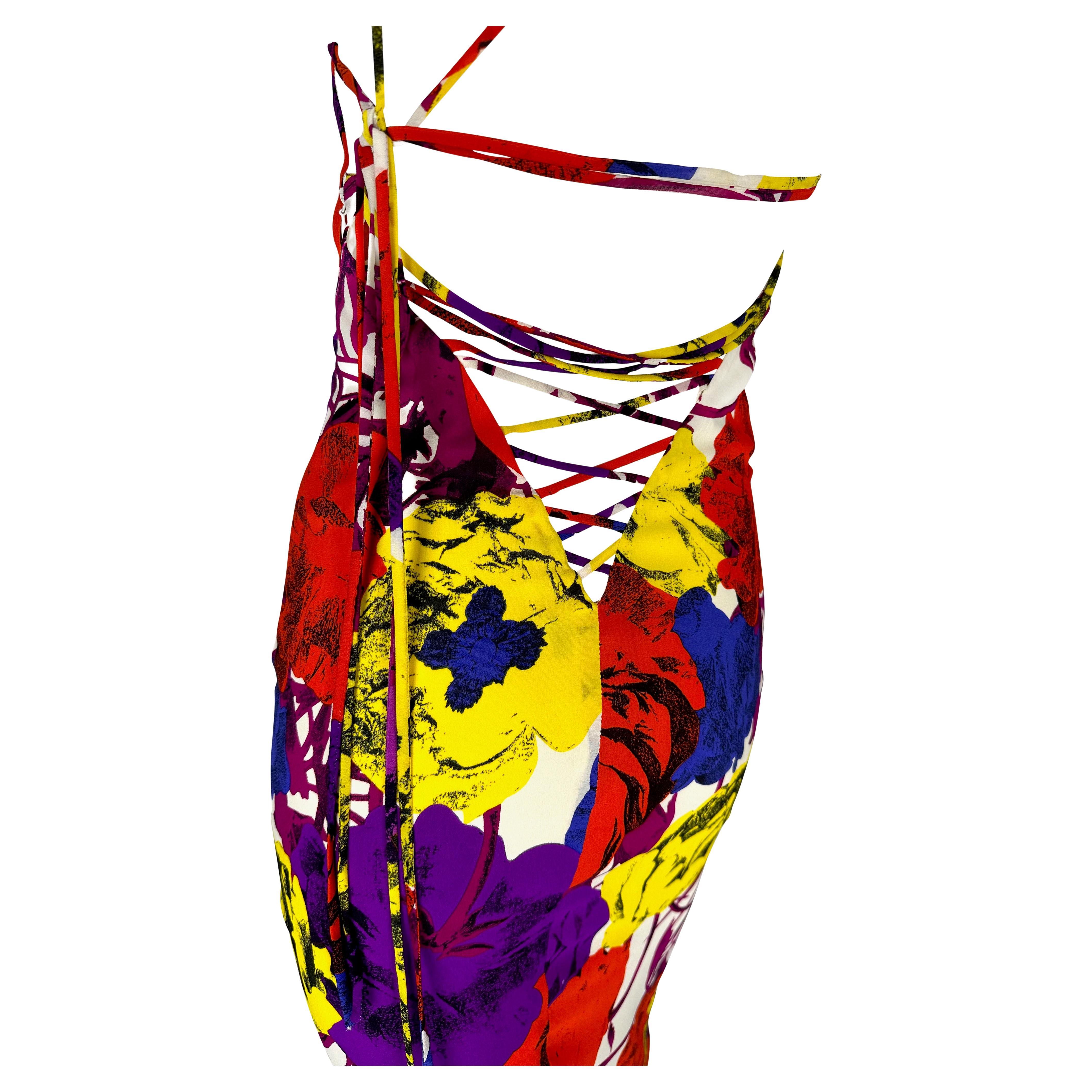 S/S 2002 Gianni Versace by Donatella Pop Art Floral Print Lace-Up Backless Dress For Sale 2