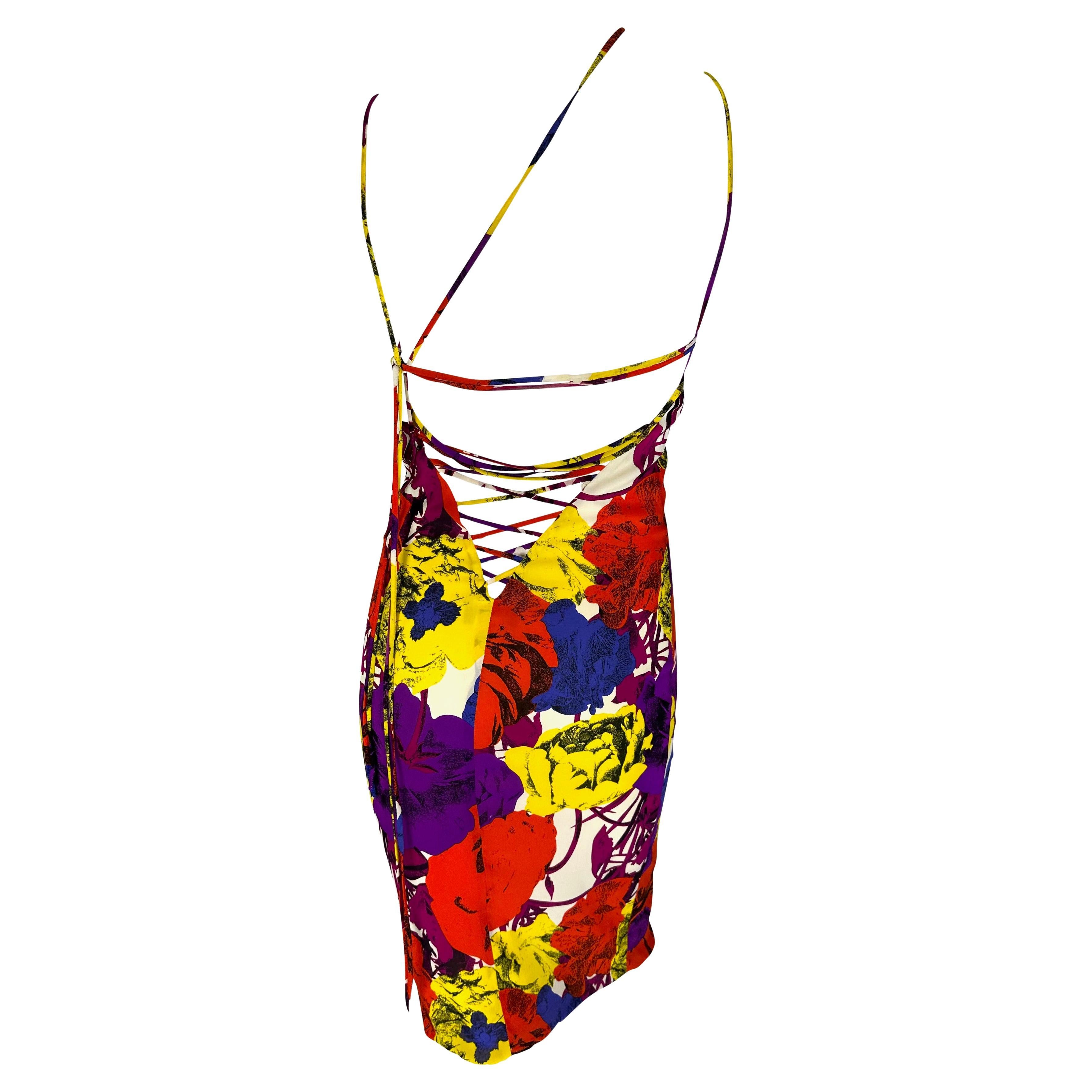 S/S 2002 Gianni Versace by Donatella Pop Art Floral Print Lace-Up Backless Dress For Sale 3