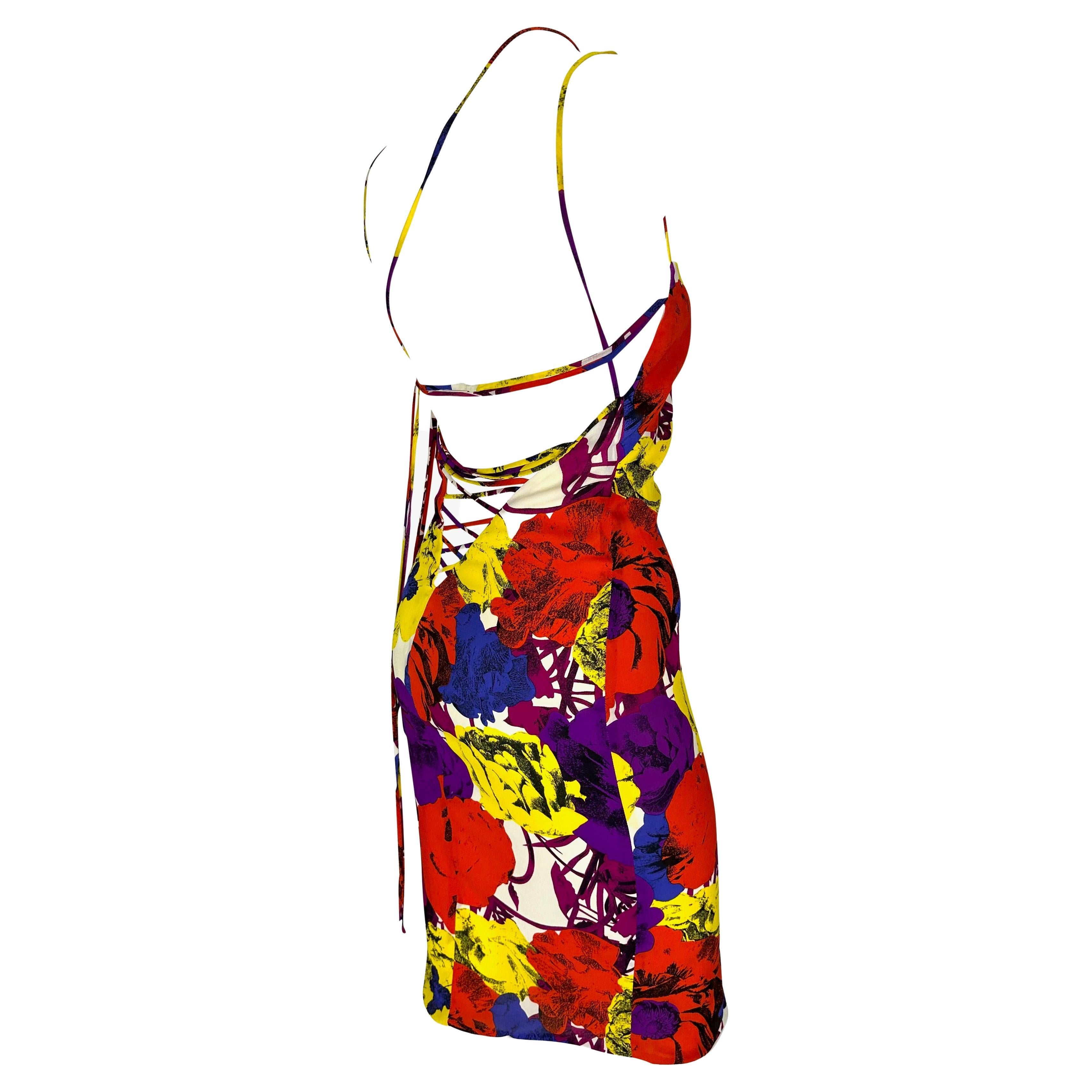 S/S 2002 Gianni Versace by Donatella Pop Art Floral Print Lace-Up Backless Dress For Sale 4
