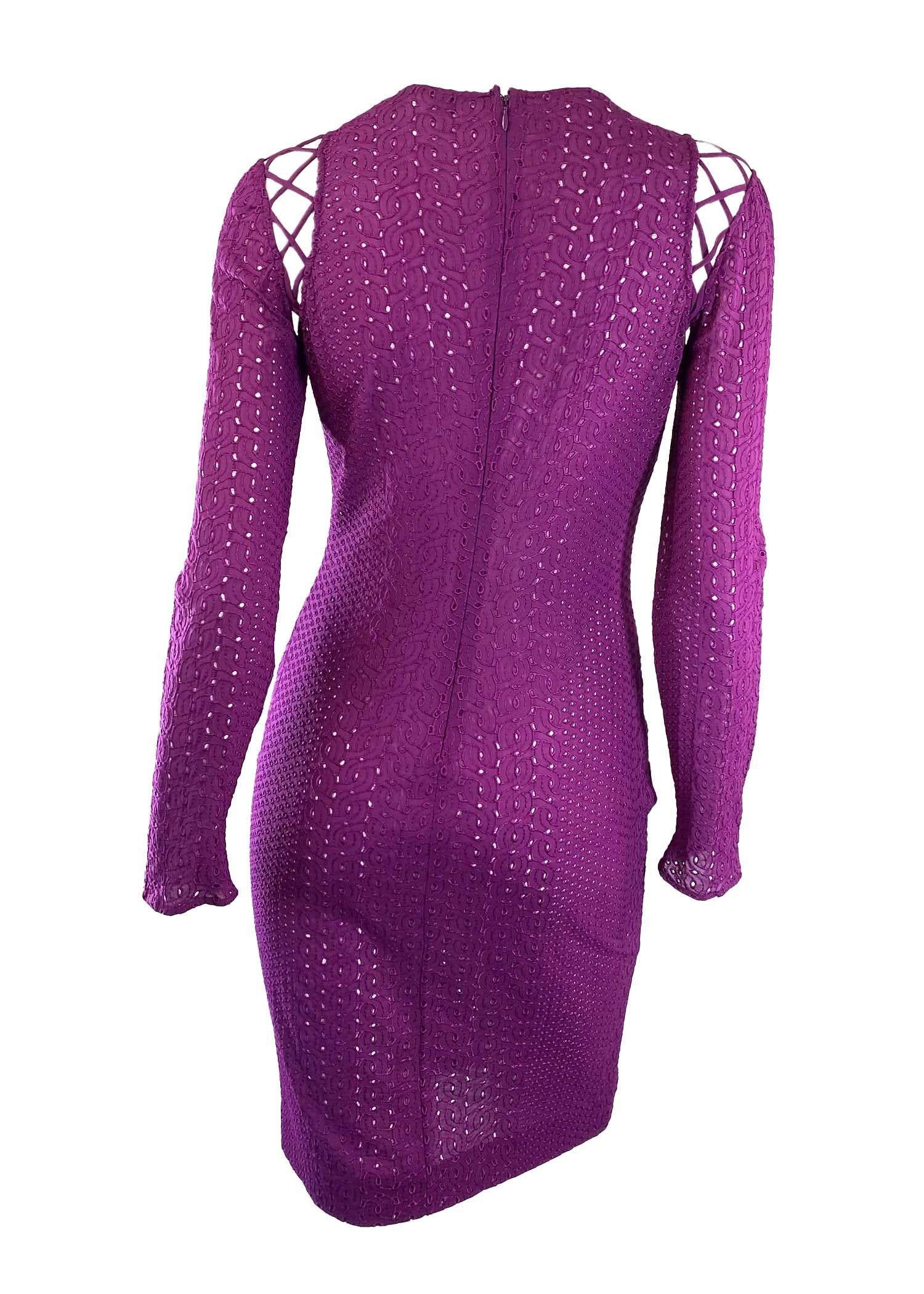 Women's S/S 2002 Gianni Versace by Donatella Purple Lace-Up Eyelet Dress For Sale