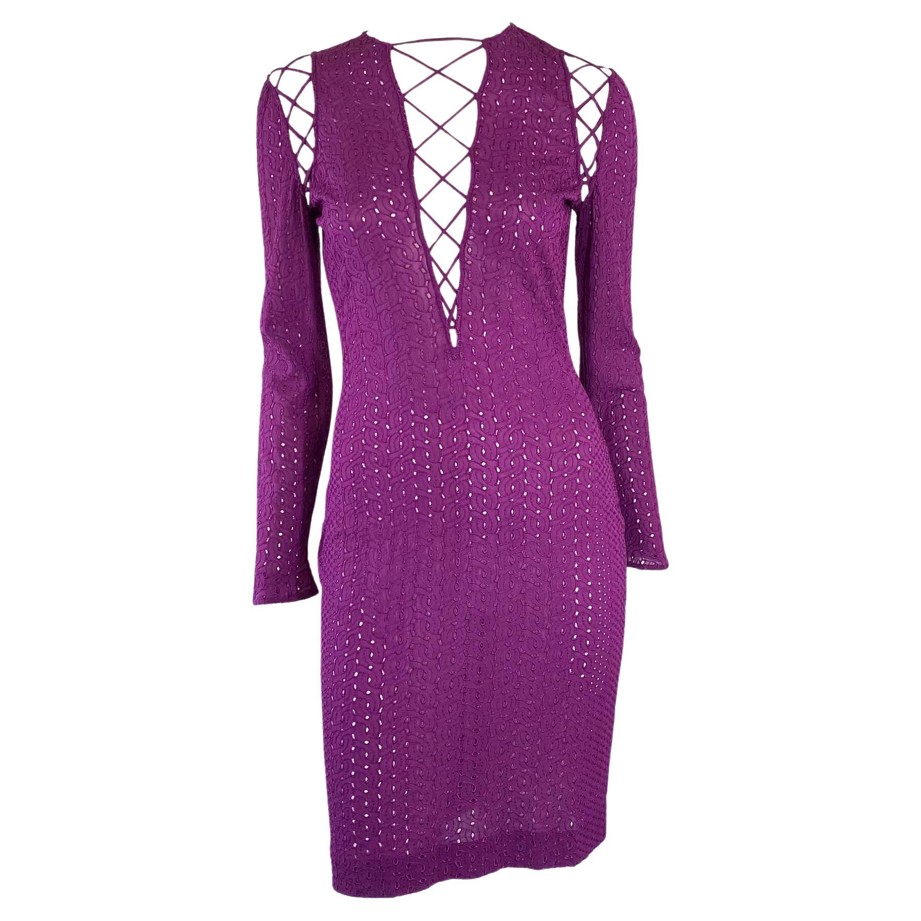 S/S 2002 Gianni Versace by Donatella Purple Lace-Up Eyelet Dress For Sale