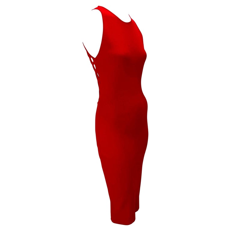 S/S 2002 Gianni Versace by Donatella Red Eyelet Cutout Stretch Racerback Dress In Good Condition For Sale In Philadelphia, PA