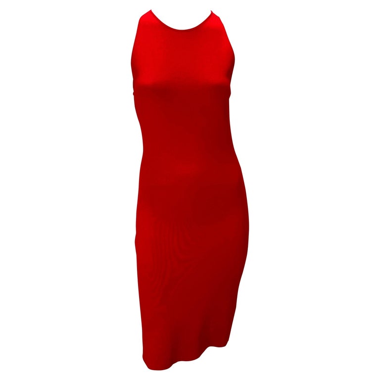 Women's S/S 2002 Gianni Versace by Donatella Red Eyelet Cutout Stretch Racerback Dress For Sale