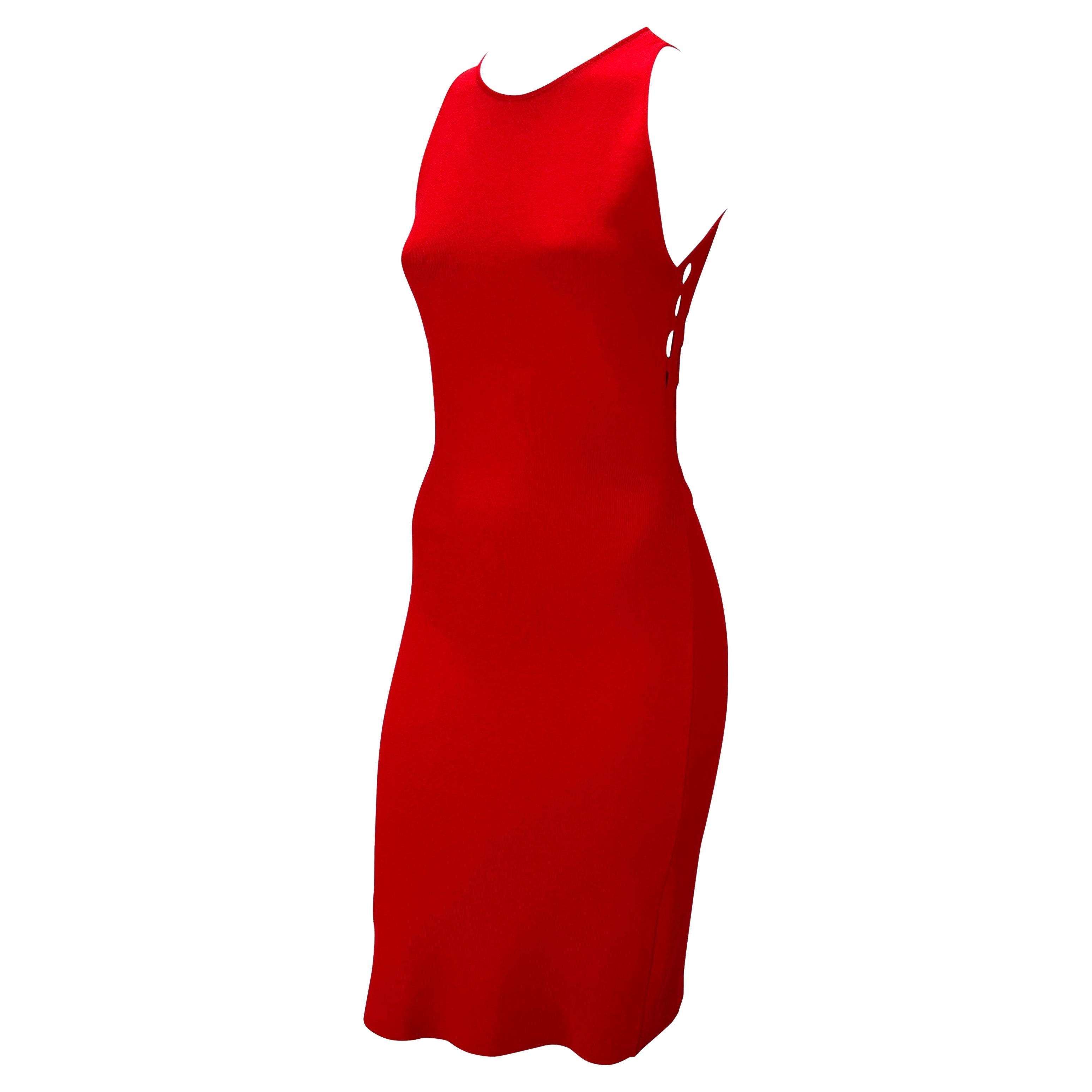 S/S 2002 Gianni Versace by Donatella Red Eyelet Cutout Stretch Racerback Dress For Sale 1