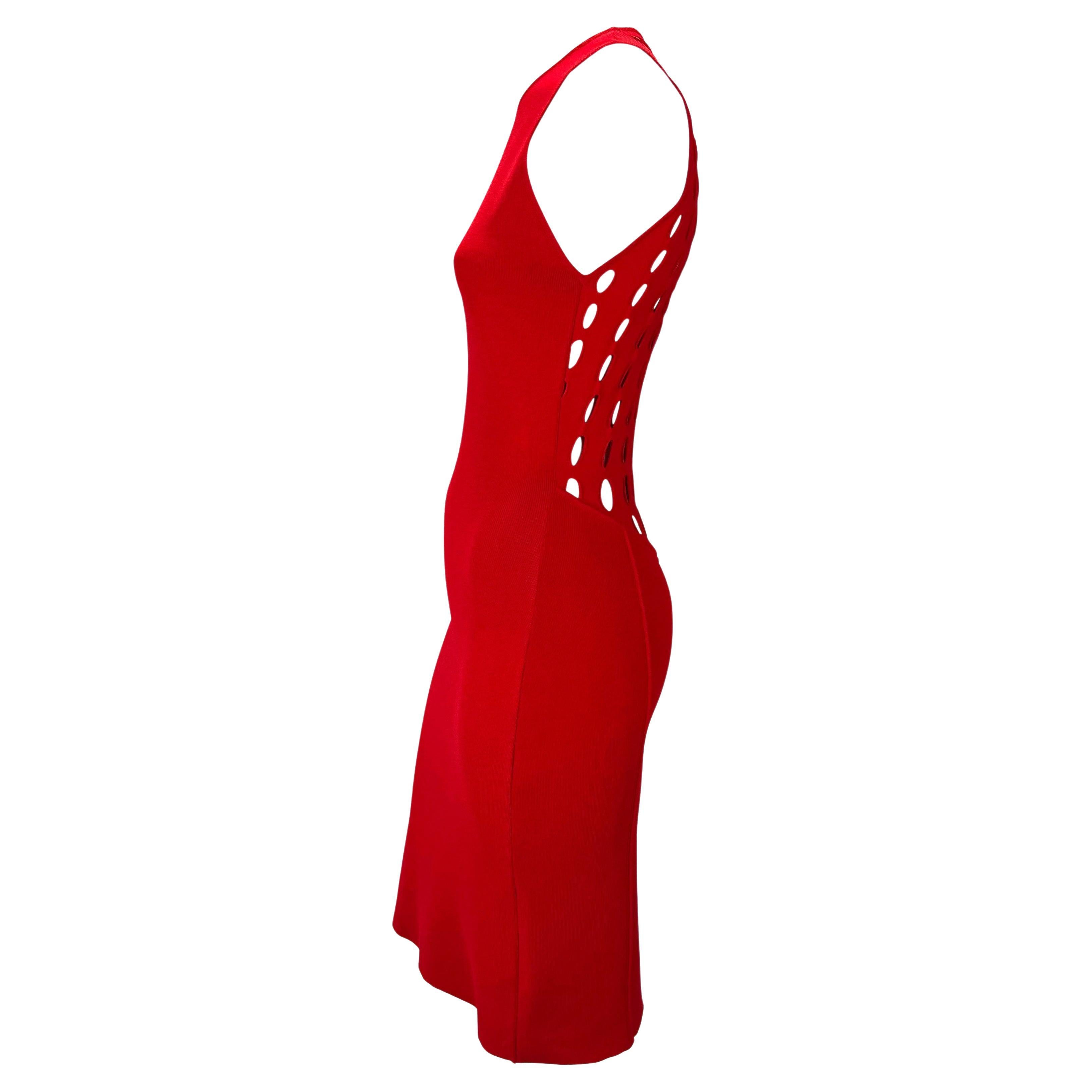 S/S 2002 Gianni Versace by Donatella Red Eyelet Cutout Stretch Racerback Dress For Sale 2