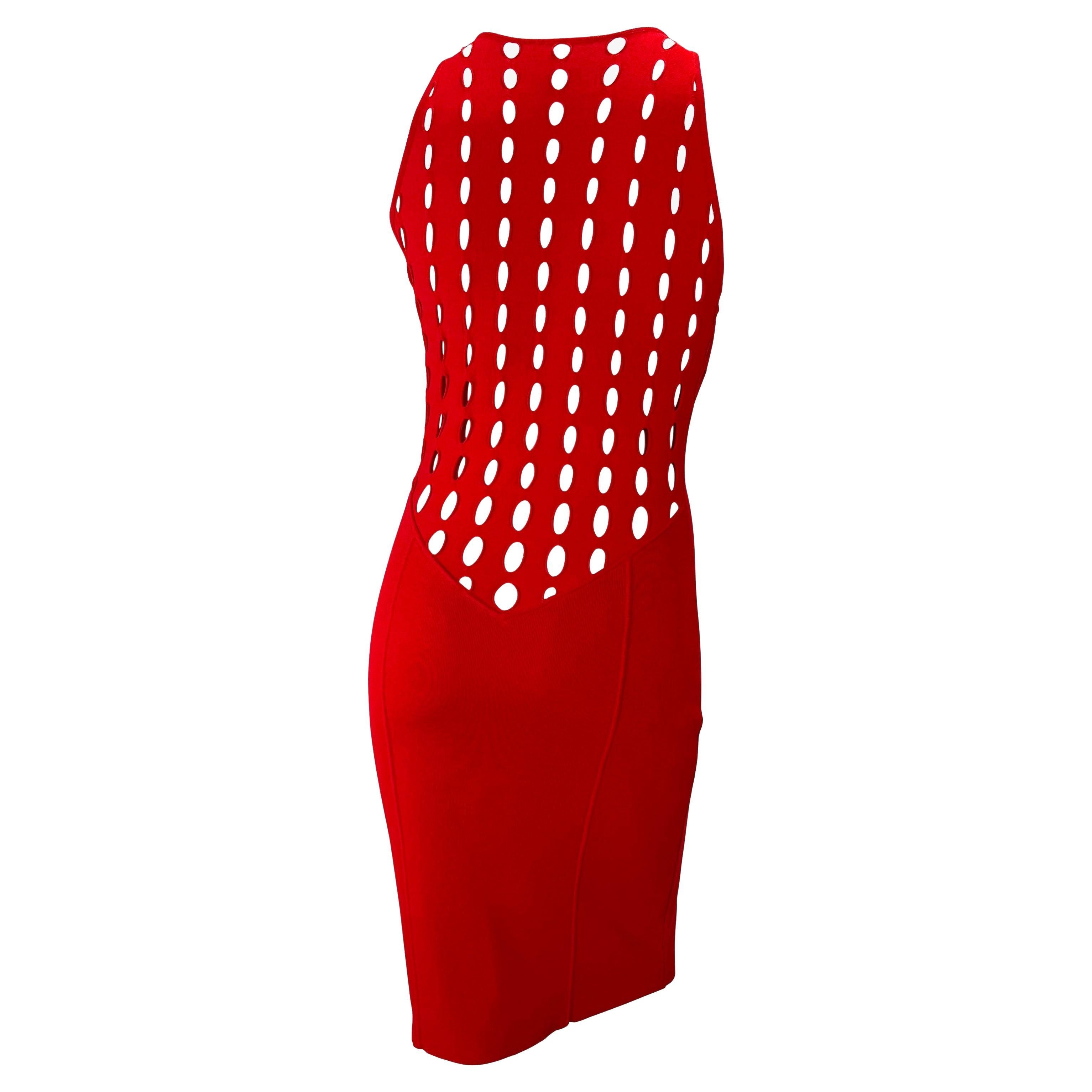 S/S 2002 Gianni Versace by Donatella Red Eyelet Cutout Stretch Racerback Dress For Sale