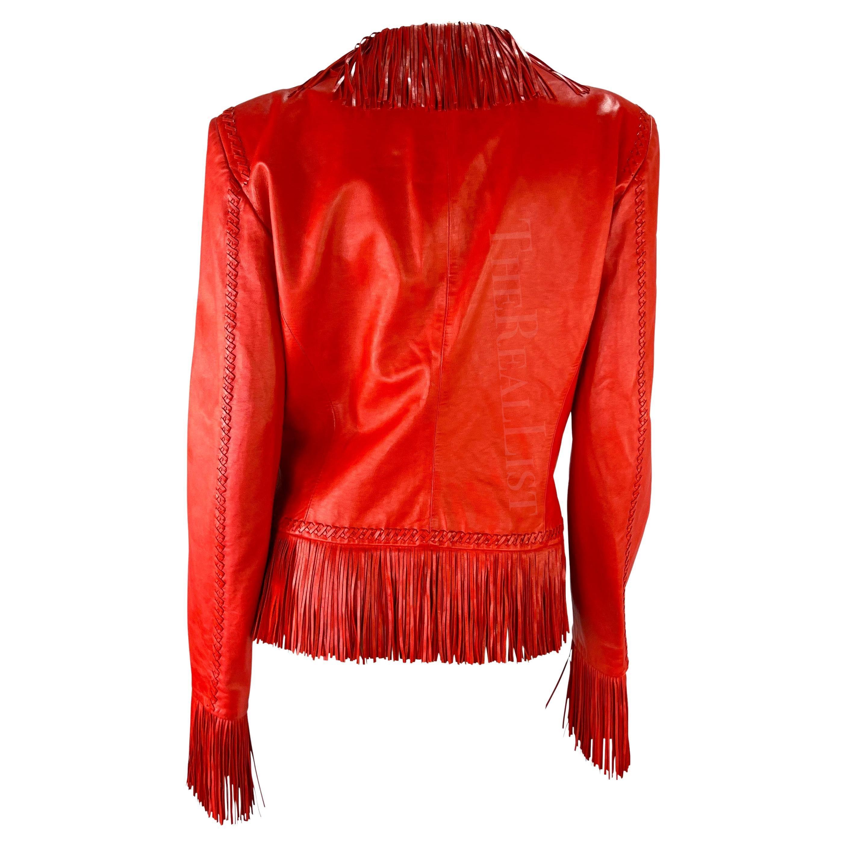 S/S 2002 Gianni Versace by Donatella Red Fringe Leather Jacket For Sale 1