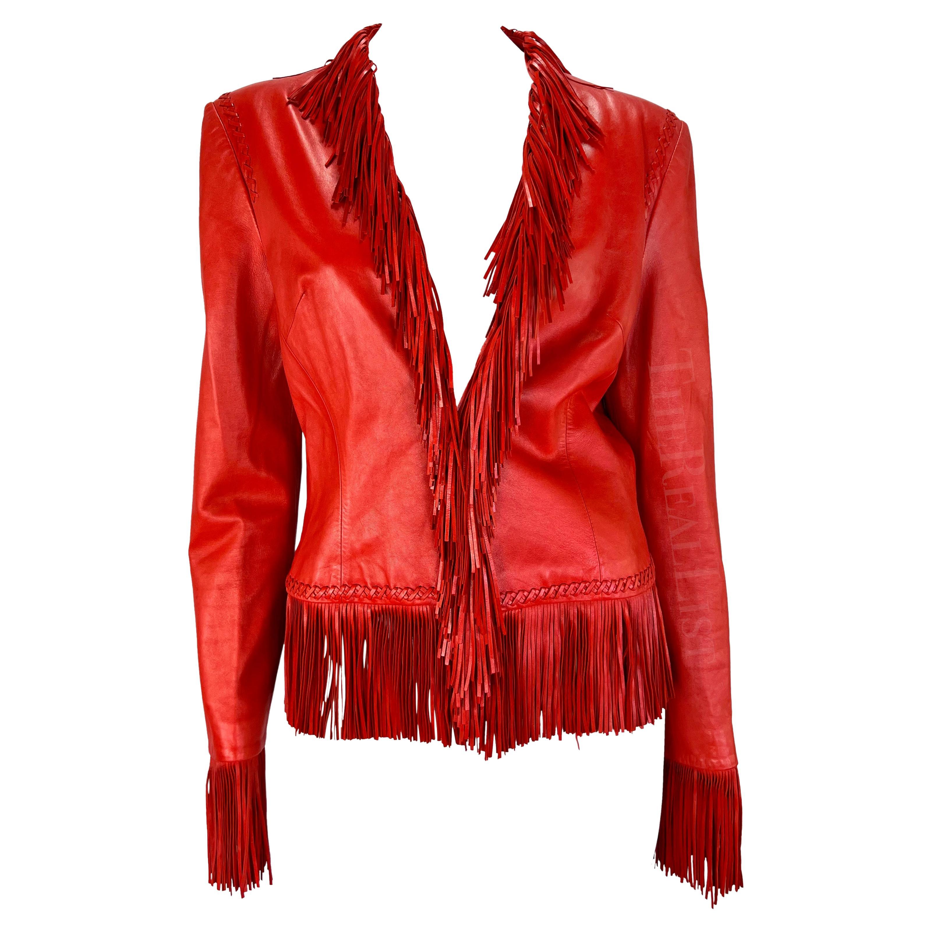 S/S 2002 Gianni Versace by Donatella Red Fringe Leather Jacket For Sale