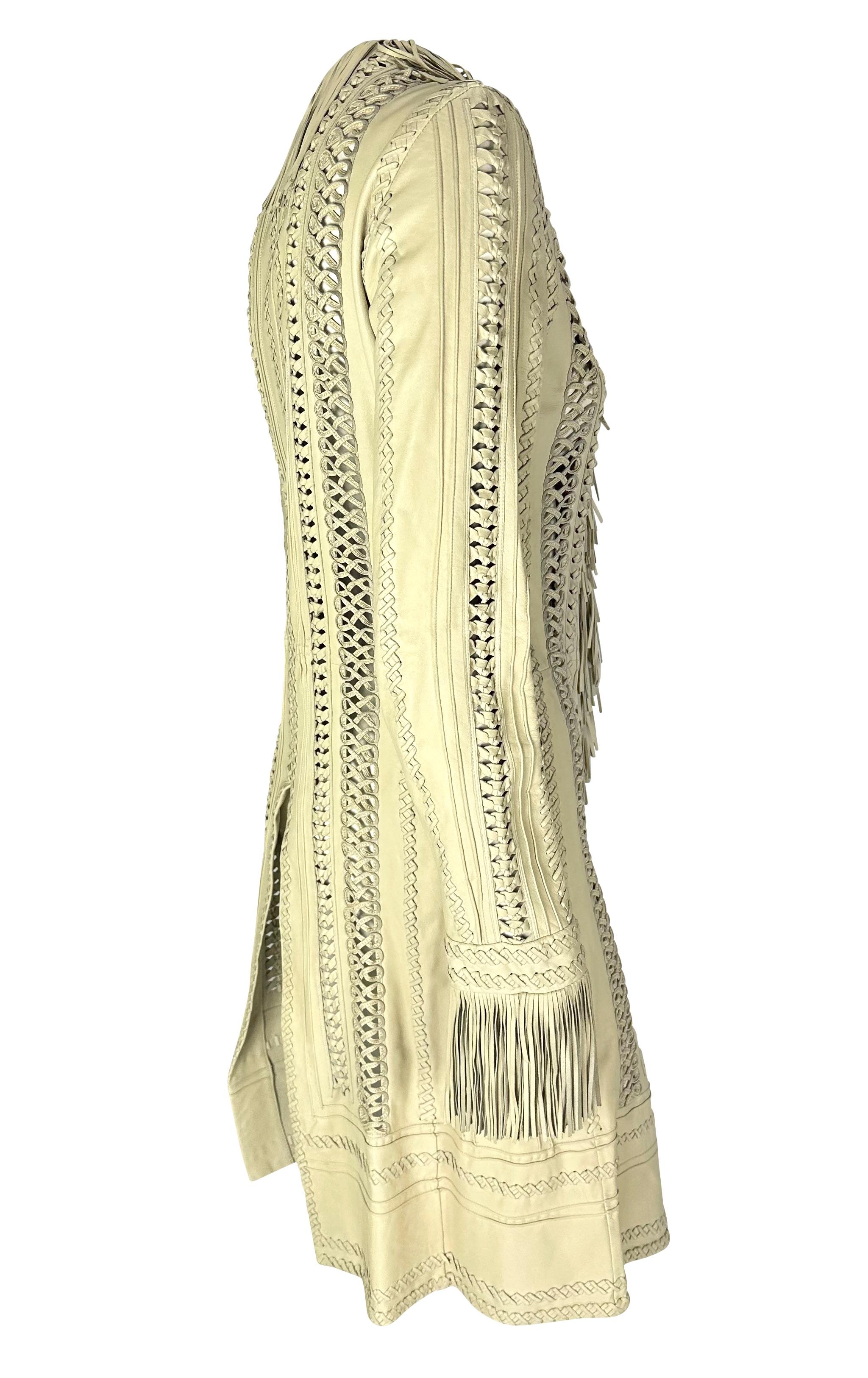 S/S 2002 Gianni Versace by Donatella Runway Fringe Panel Cream Leather Coat For Sale 5
